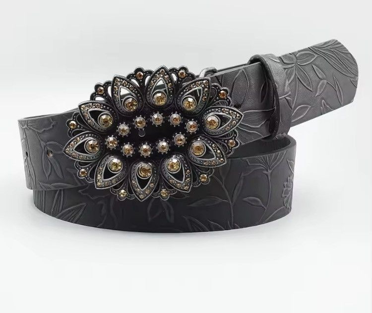 Japanese Brand 110 cm Rhinestone Inlaid Belt with Leaf Pattern Printed Belt Size 32 - 2 Thumbnail