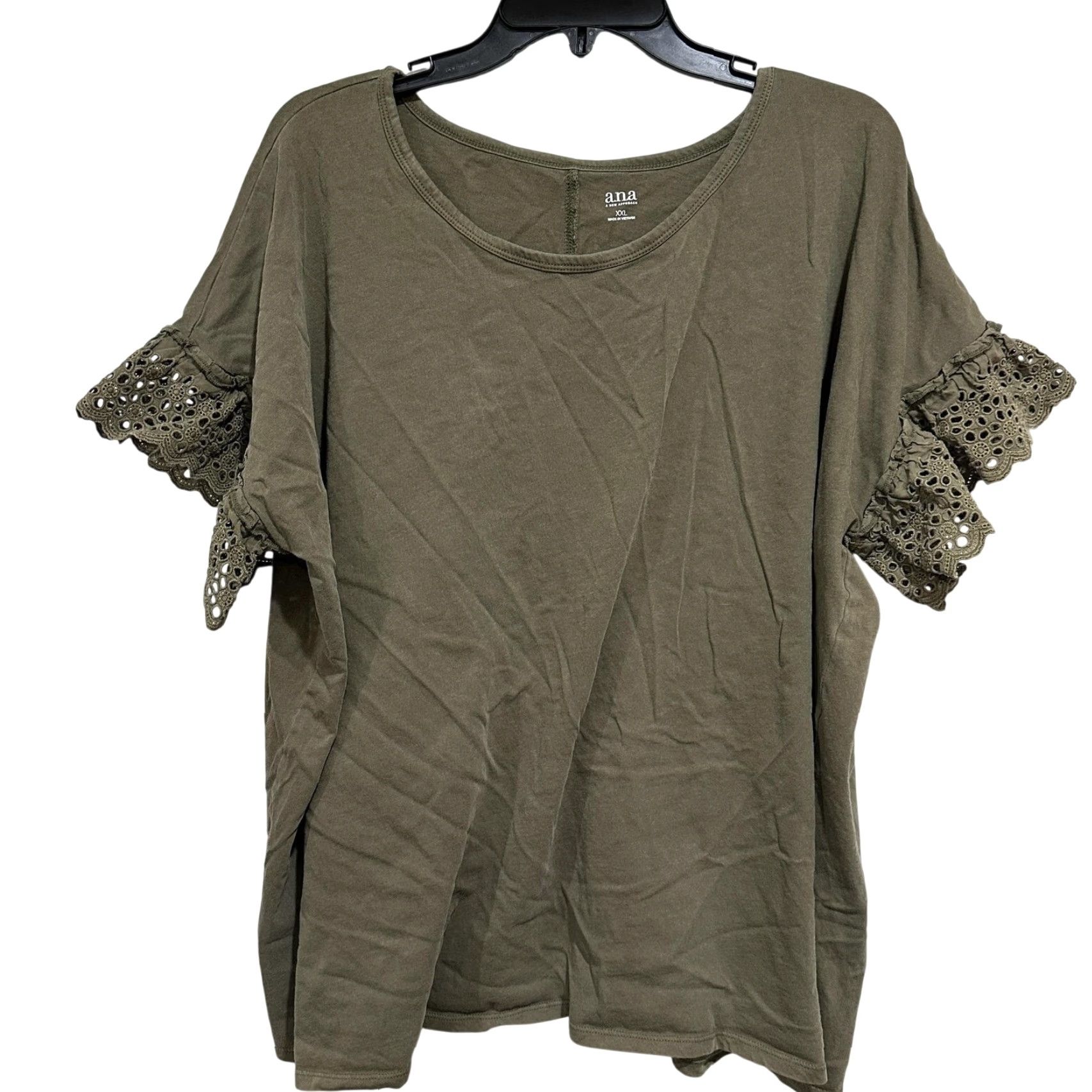 Vintage VINTAGE? No. (Omit) A New Approach Green a.n.a Lace Trim 2XL Short Sleeve T-Shirt Flutter Sleeve Round Neck Casual Boho Cottagecore Fairy Womens Size XXL / US 16-18 / IT 52-54 - 2 Thumbnail