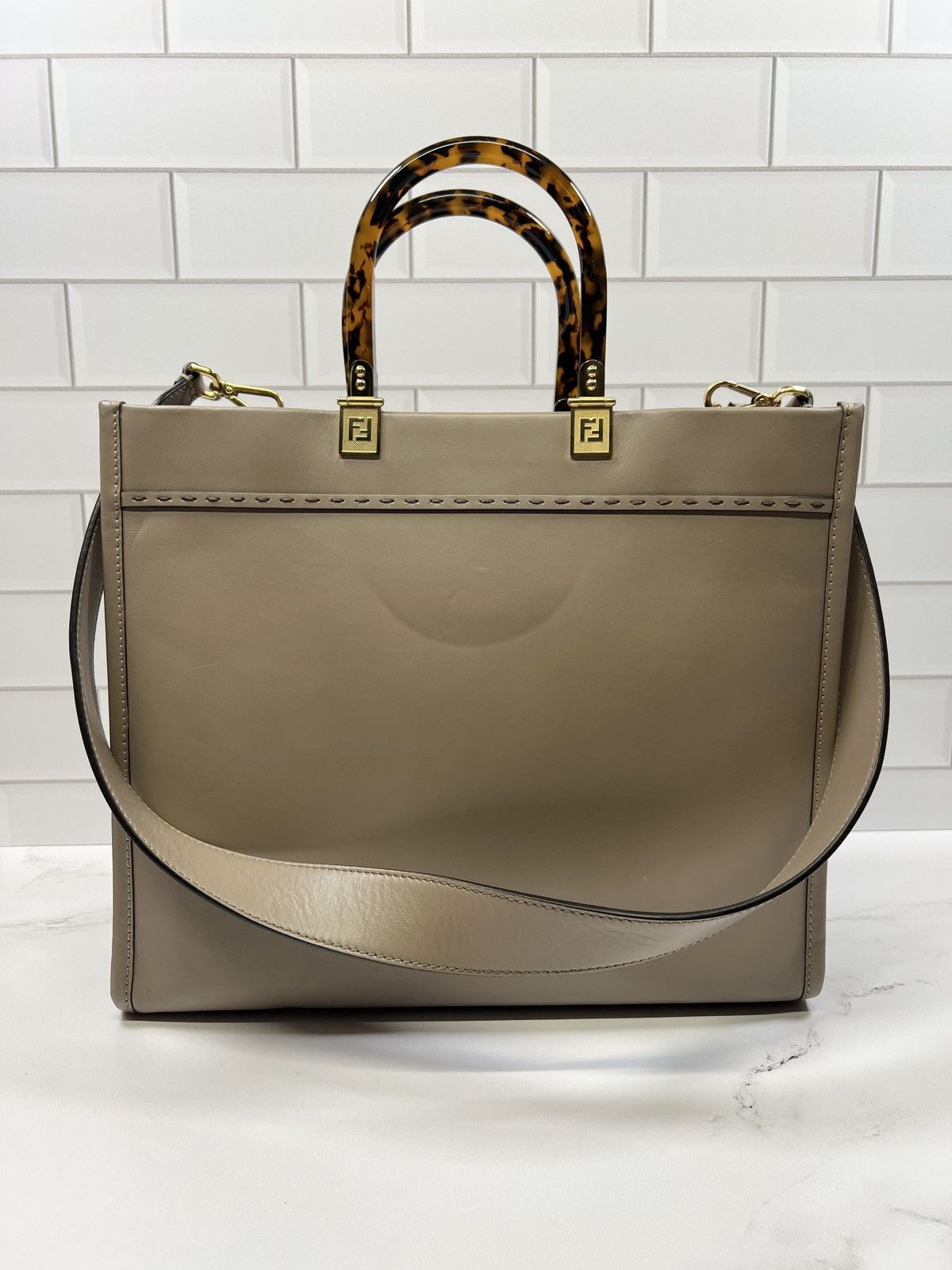 FENDI Tan Sunshine Calfskin Medium Tote Bag Purse