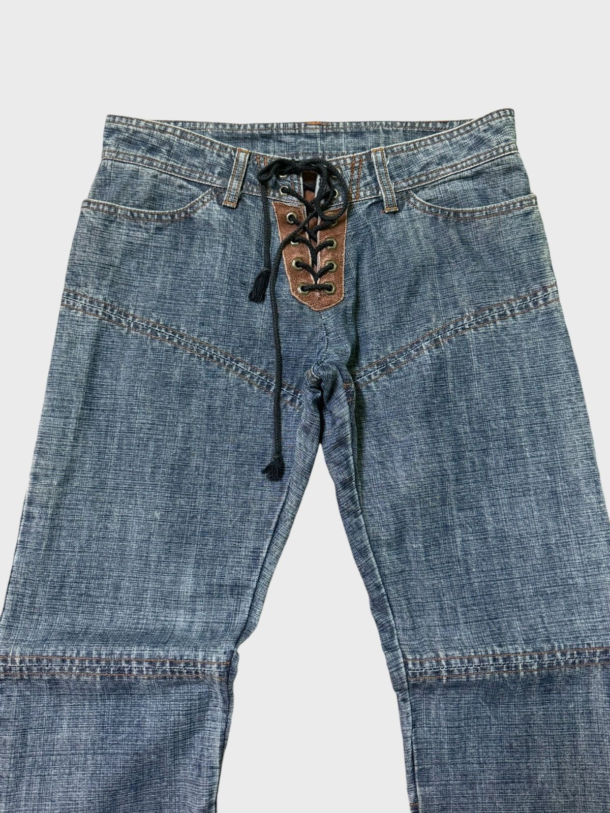 Japanese Brand Flare CHIKAKO ROEN Leather Double Laced Low Rise Denim jeans Size US 29 - 3 Thumbnail