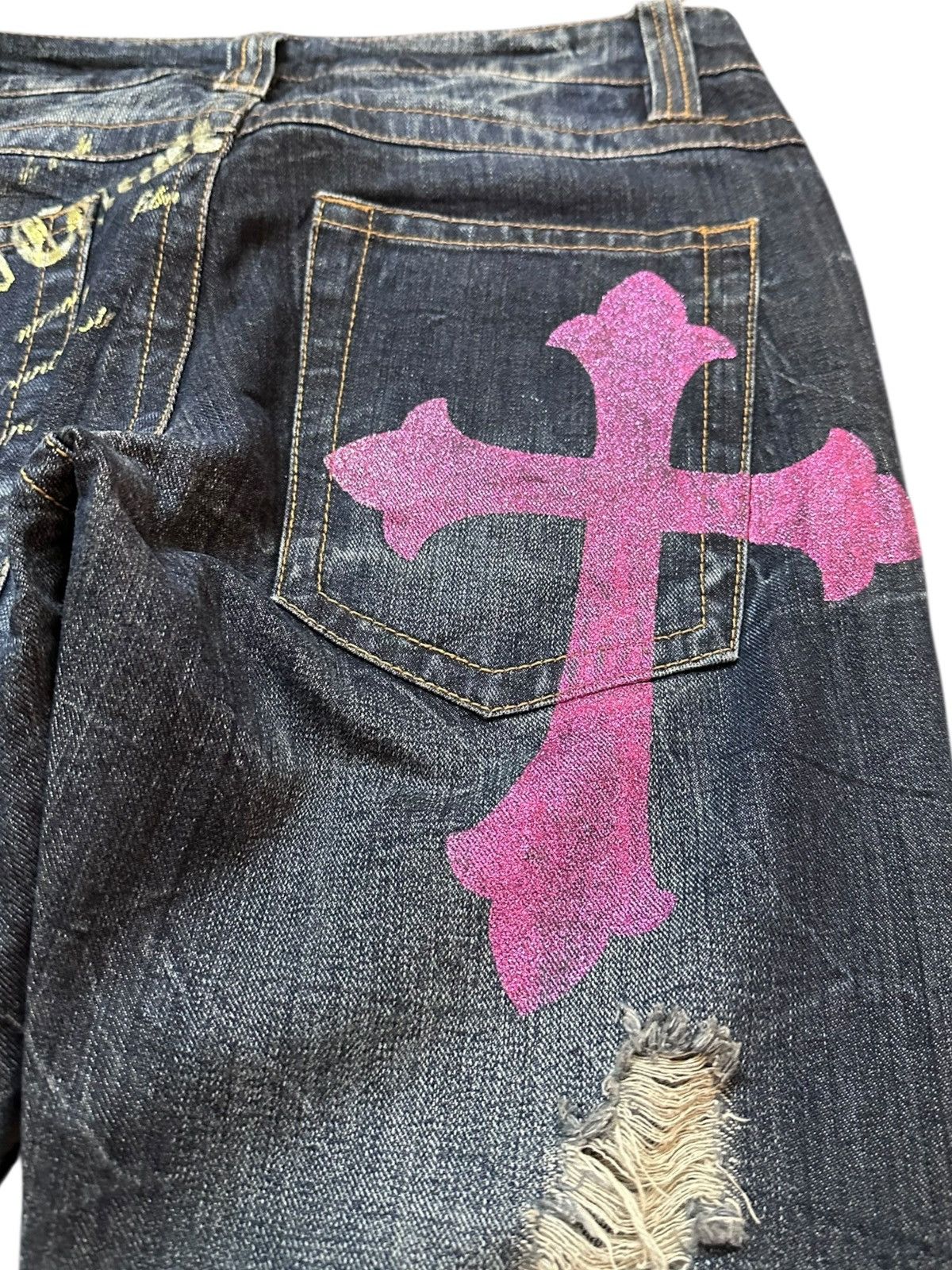 Hysteric Glamour Vintage Sorridere Flare Grunge Cross Print Distressed Denim Size US 31 - 8 Thumbnail