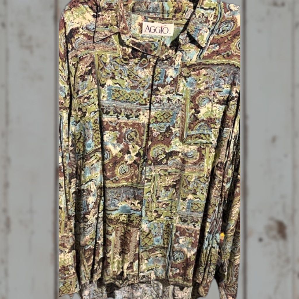 Olive AGGIO Button-Front Shirt Men’s XL Rayon 90s Psychedelic Geometric Brown Olive Blue Long Sleeve Casual Multicolor FYI: 1990s Decade Night Club Size US XL / EU 56 / 4 - 1 Thumbnail