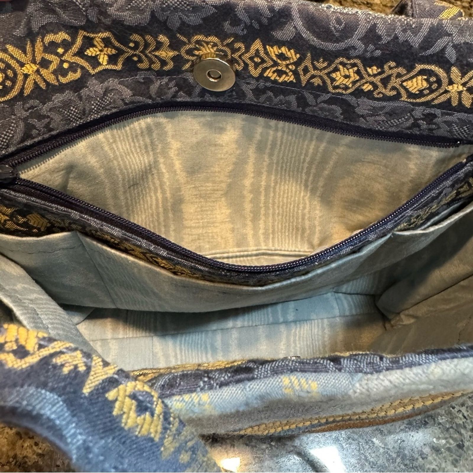 Handmade Handcrafted Blue Quilted Tote Purse Patchwork Footed Pockets Size ONE SIZE - 11 Thumbnail