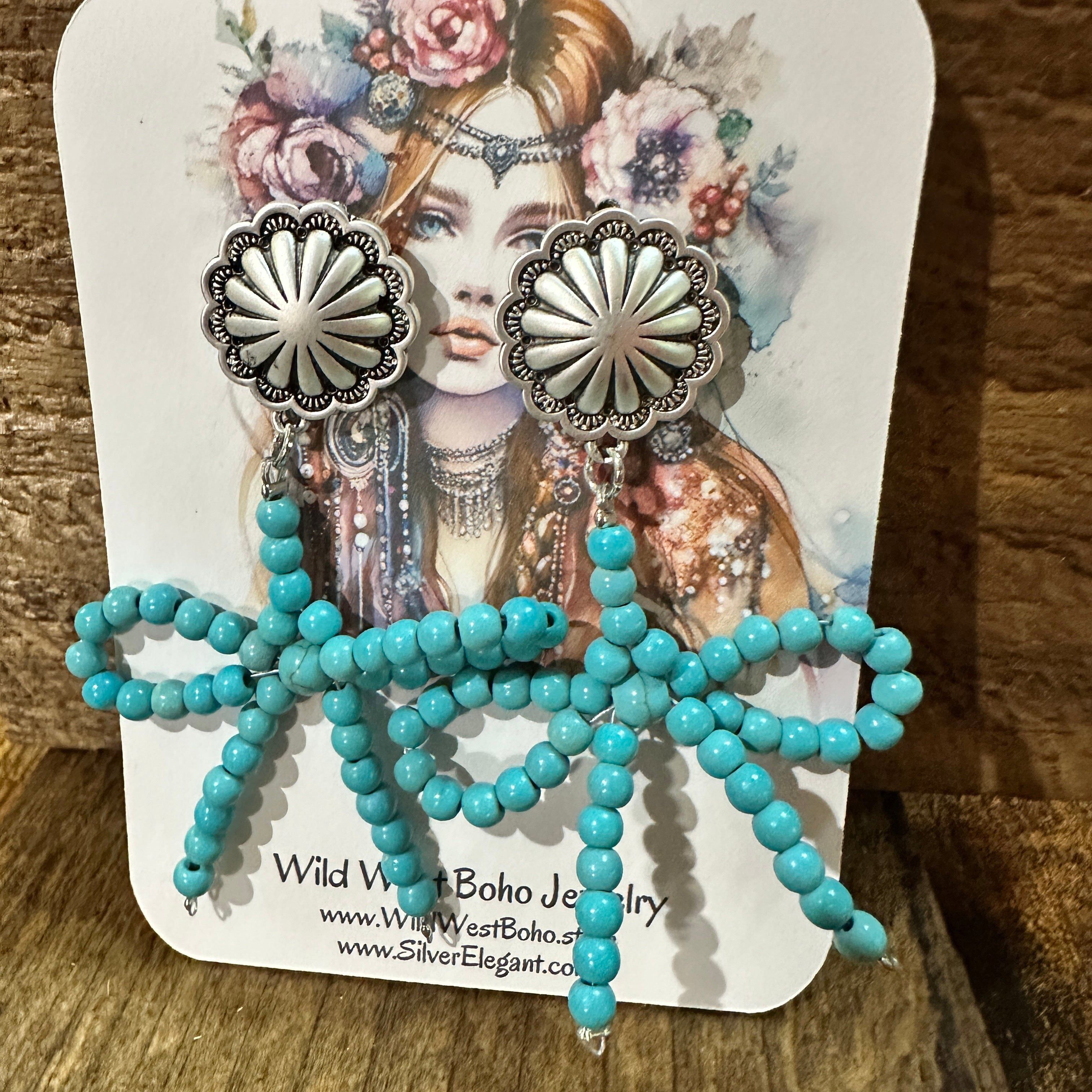 Other Handmade Ribbon Bow Post Earrings with Turquoise Beads, West Size ONE SIZE - 8 Thumbnail