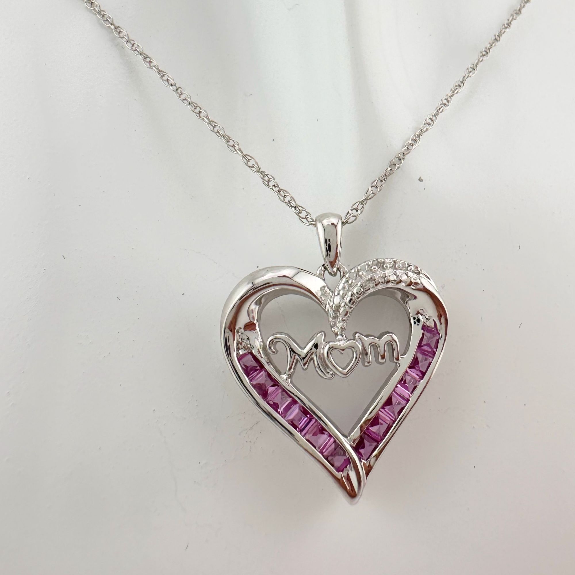 Other Pink Sapphire 'MOM' Heart Necklace with Diamond Accent Size ONE SIZE - 2 Thumbnail