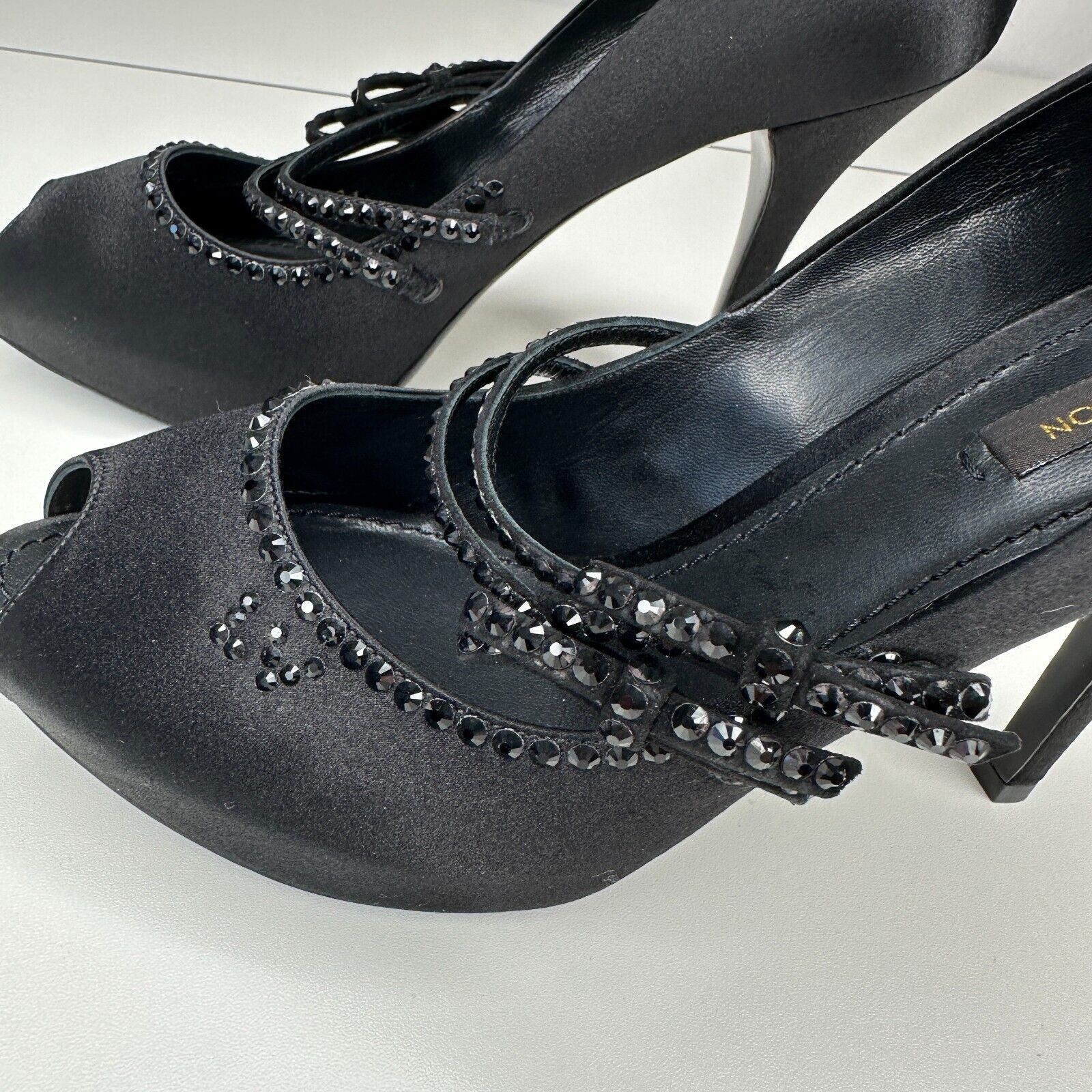 Louis Vuitton Louis Vuitton Black Satin Open Toe Crystal Strap Pumps 37.5 Size US 7 / IT 37 - 6 Thumbnail