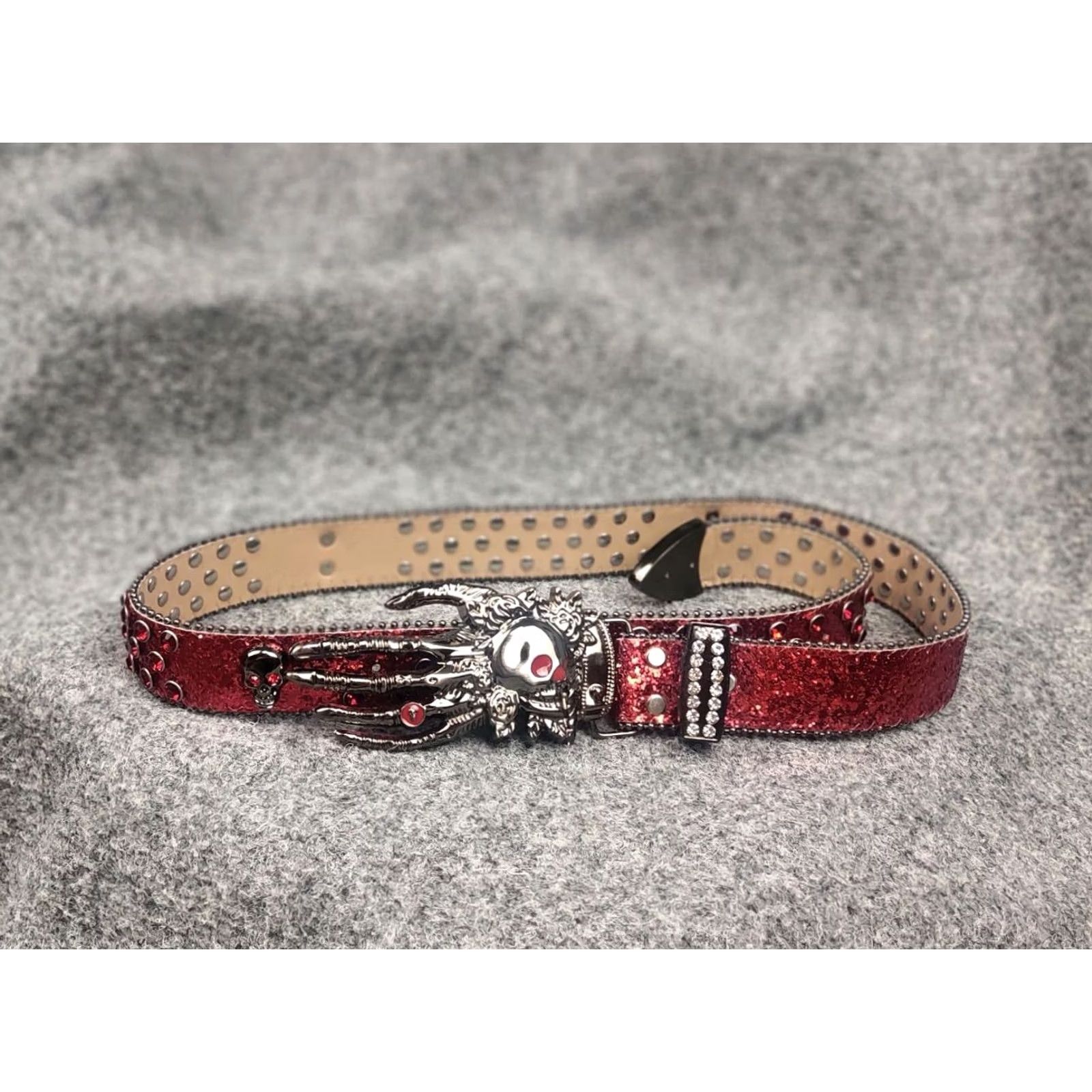 Vintage VINTAGE Punk Rock Western Belt Mens One Size Red Glitter Skull Hand Buckle Studded Leatherette Faux Leather Opium Y2K Style Size ONE SIZE - 5 Thumbnail