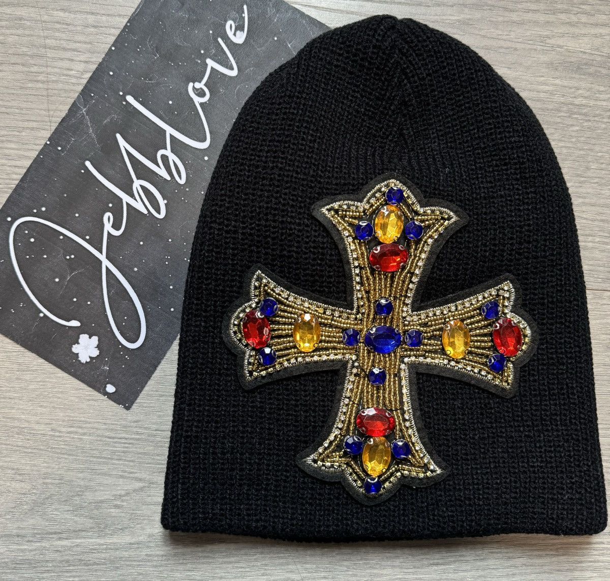 Japanese Brand Avant garde retro huge rhinestone cross knitted beanie hat Size ONE SIZE - 1 Thumbnail