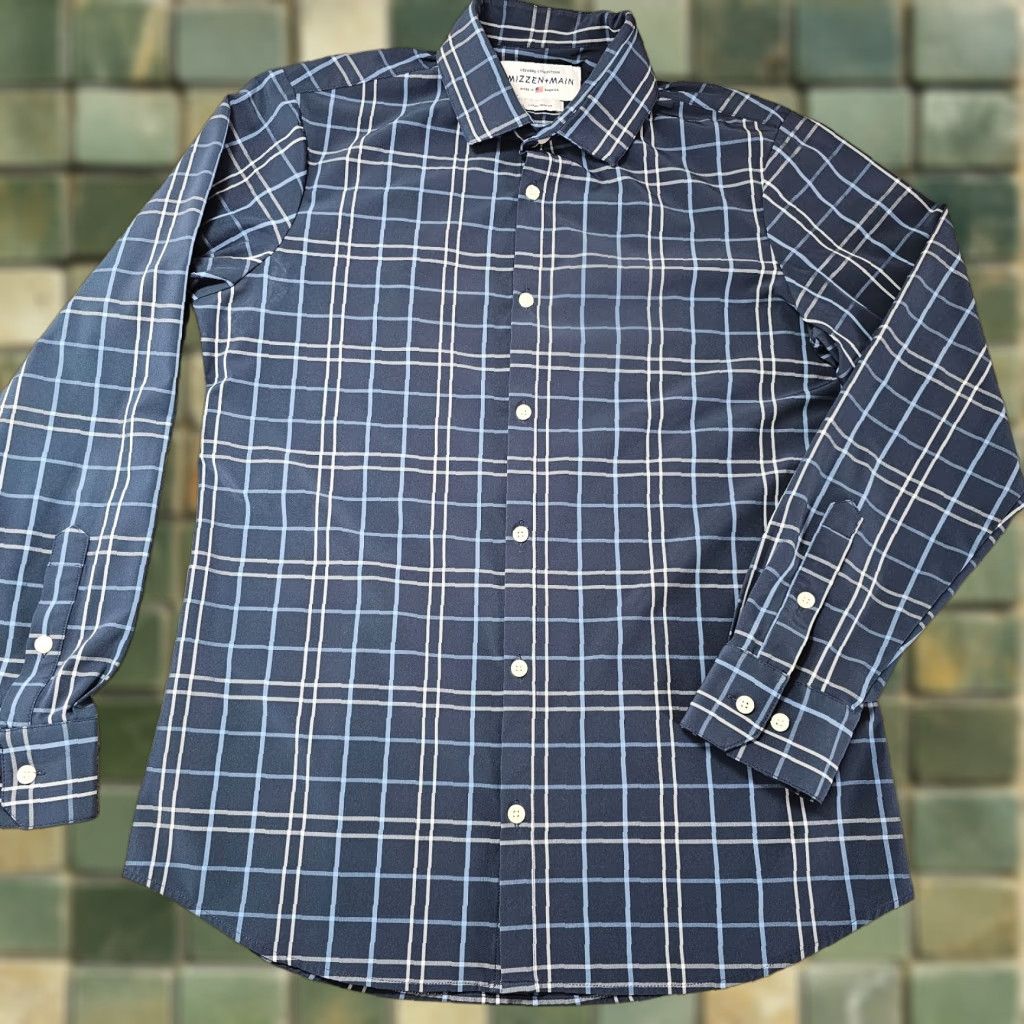 Mizzen+Main VINTAGE Mizzen+Main Dress Shirt Men's Large Trim Navy White Check Stretch Performance Size 42R - 1 Thumbnail