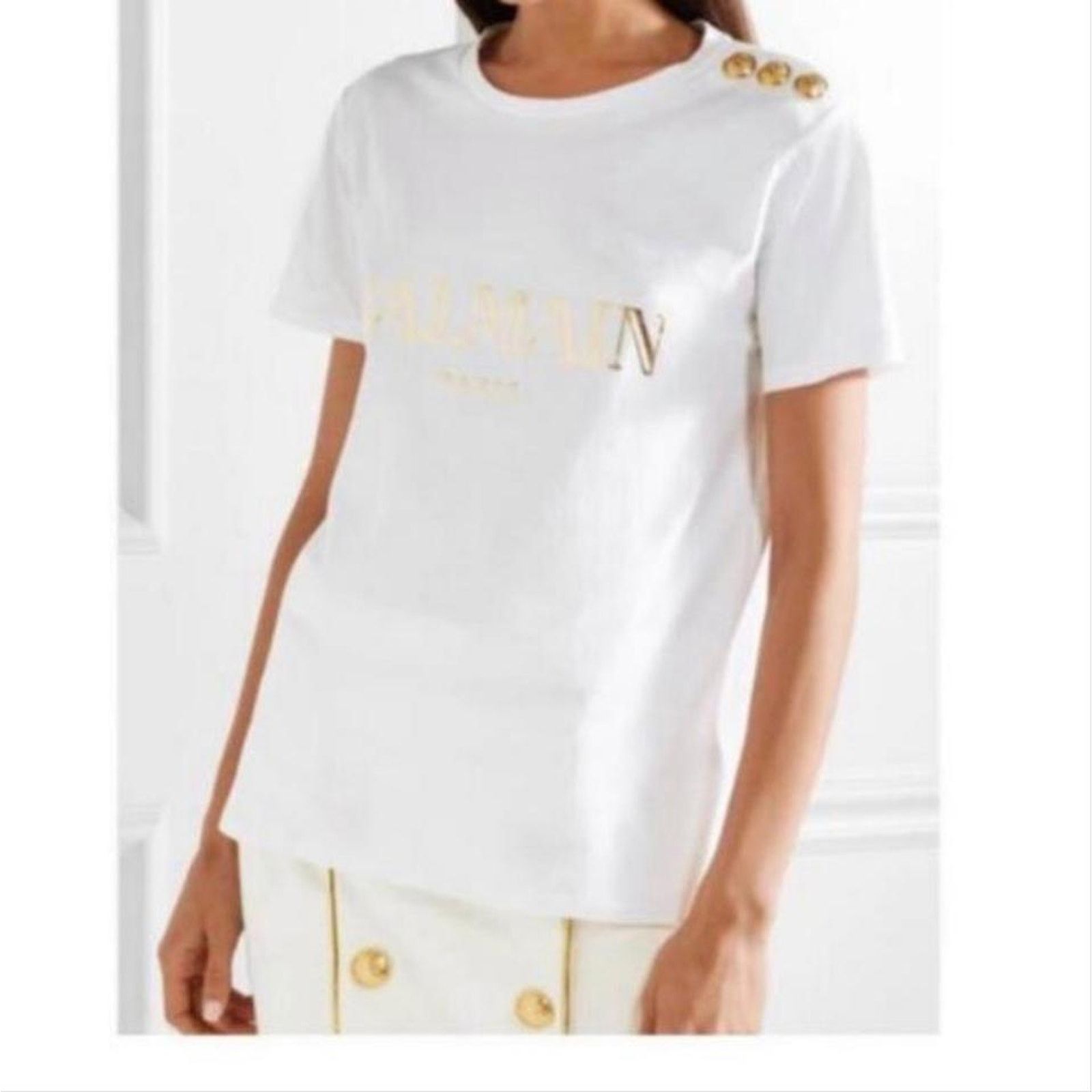 Balmain BALMAIN metallic logo button embellished tee shirt top Size XL / US 12-14 / IT 48-50 - 3 Thumbnail