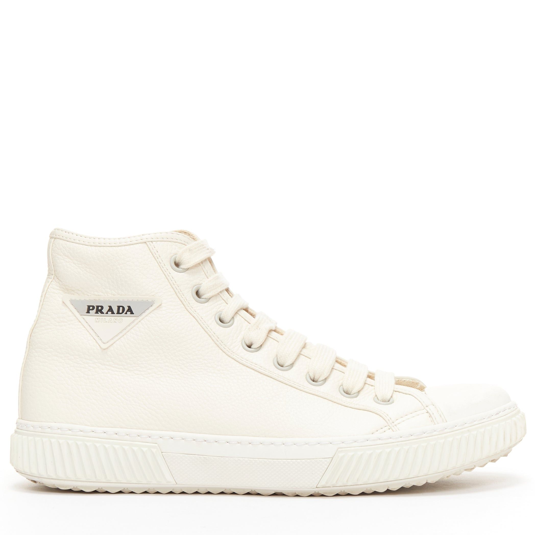 Prada PRADA white textured leather black triangle logo high top sneakers UK7 EU40 Size US 8 / EU 41 - 1 Thumbnail