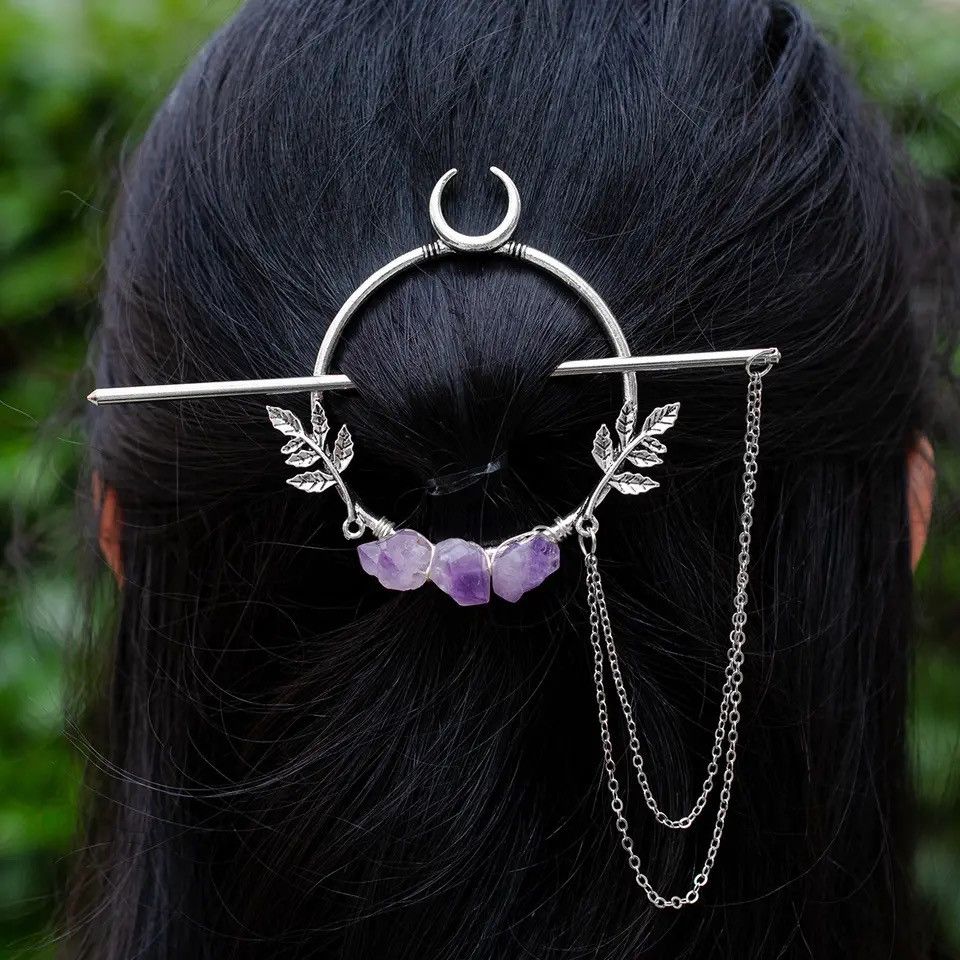 Jewelry Witch Crescent Moon Leaves Crystal Amethyst Tassels Hairclip Size ONE SIZE - 1 Thumbnail