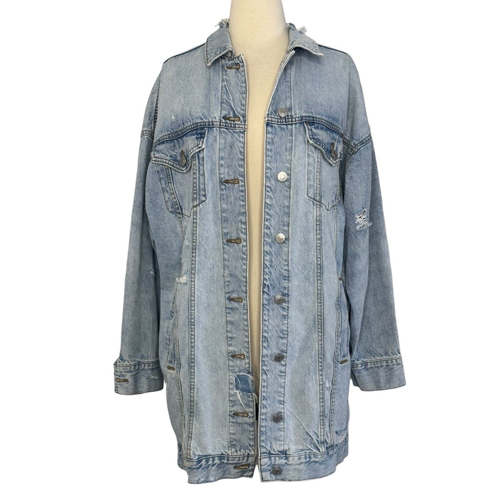 American Eagle Outfitters Japanese TIGER Sunset Retro Distressed Denim Jacket Sz SP Size XS / US 0-2 / IT 36-38 - 4 Thumbnail