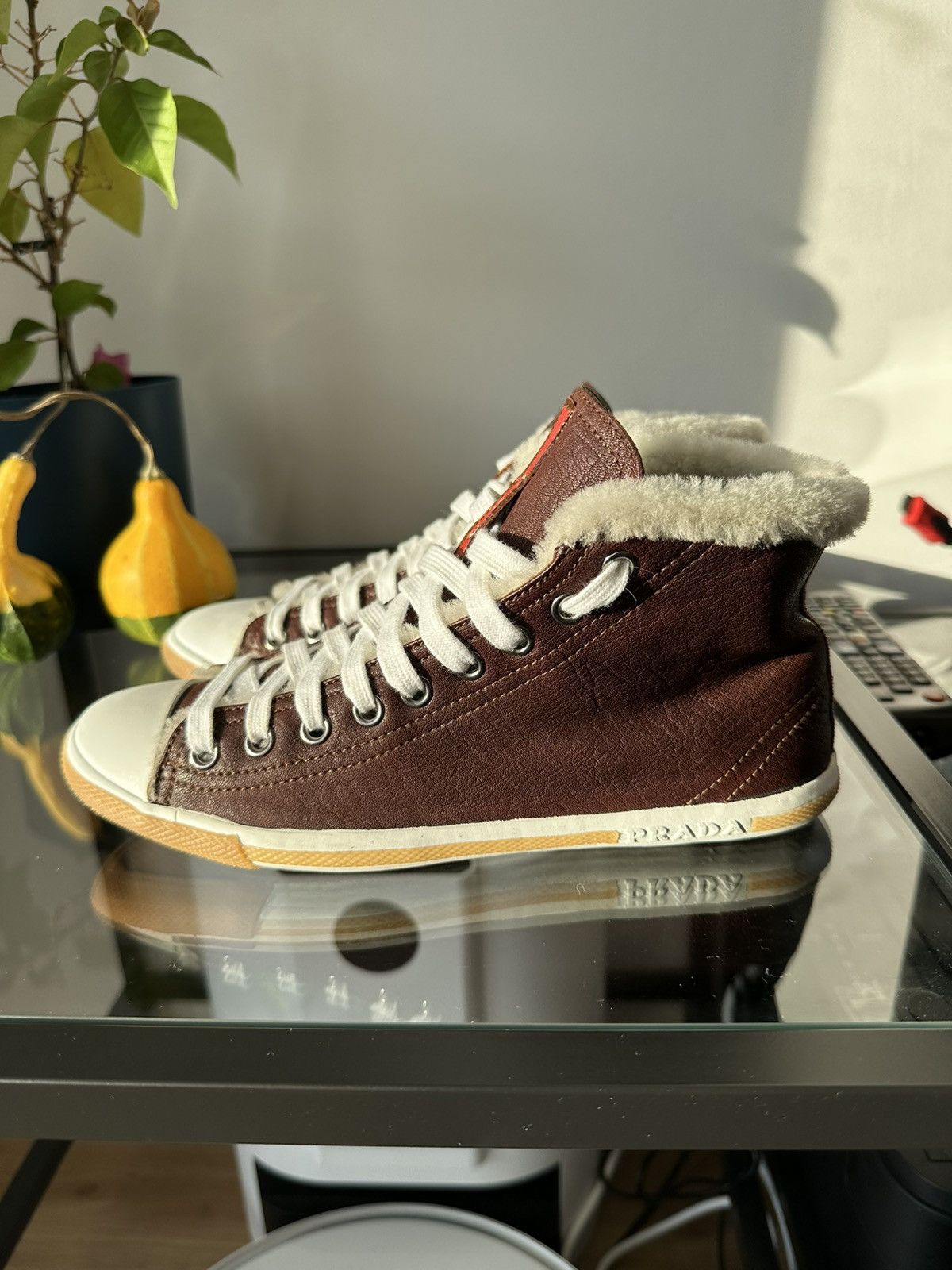 Prada Prada leather high top fur lining warm sneakers shoes Size US 6 / IT 36 - 6 Thumbnail