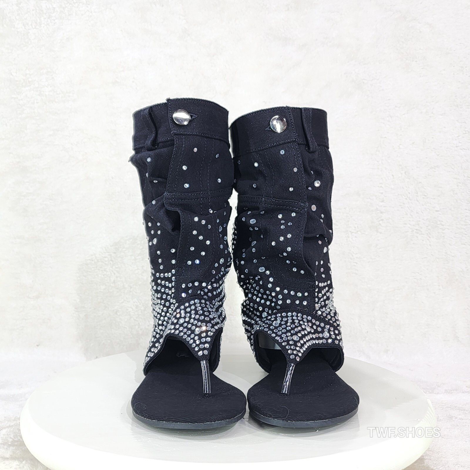 Other Perplex Black Denim & Rhinestones Sandal Slouch Boots Shooti Size US 5.5 / IT 35.5 - 5 Thumbnail