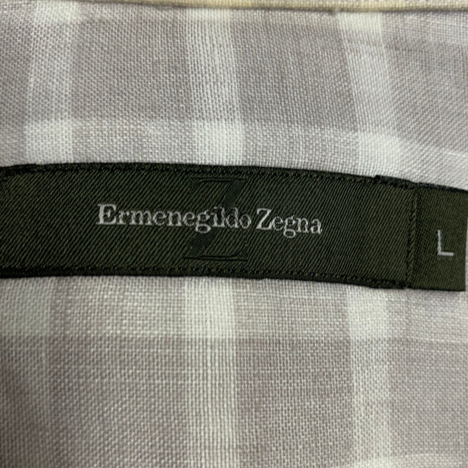 Ermenegildo Zegna Size L Grey White Plaid Linen One Pocket Short Sleeve Shirt Size US L / EU 52-54 / 3 - 7 Thumbnail