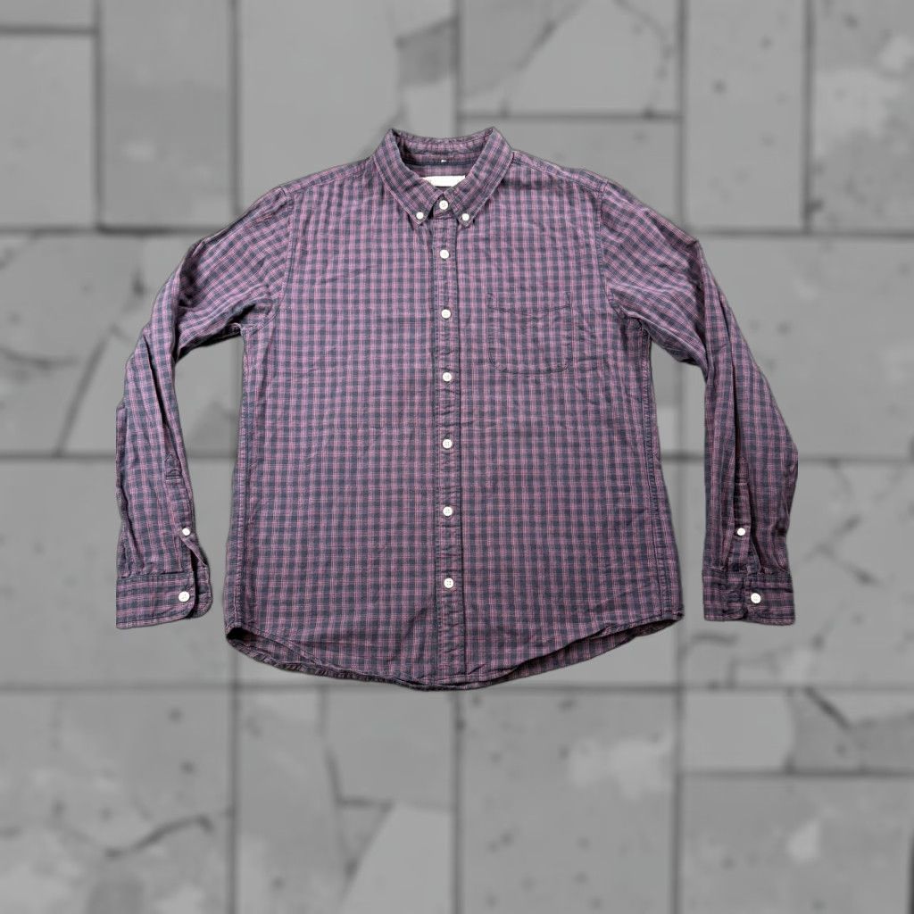 VINTAGE OUTERKNOWN Shirt Mens Large Blue Plaid Button-Down Organic Cotton Long Sleeve