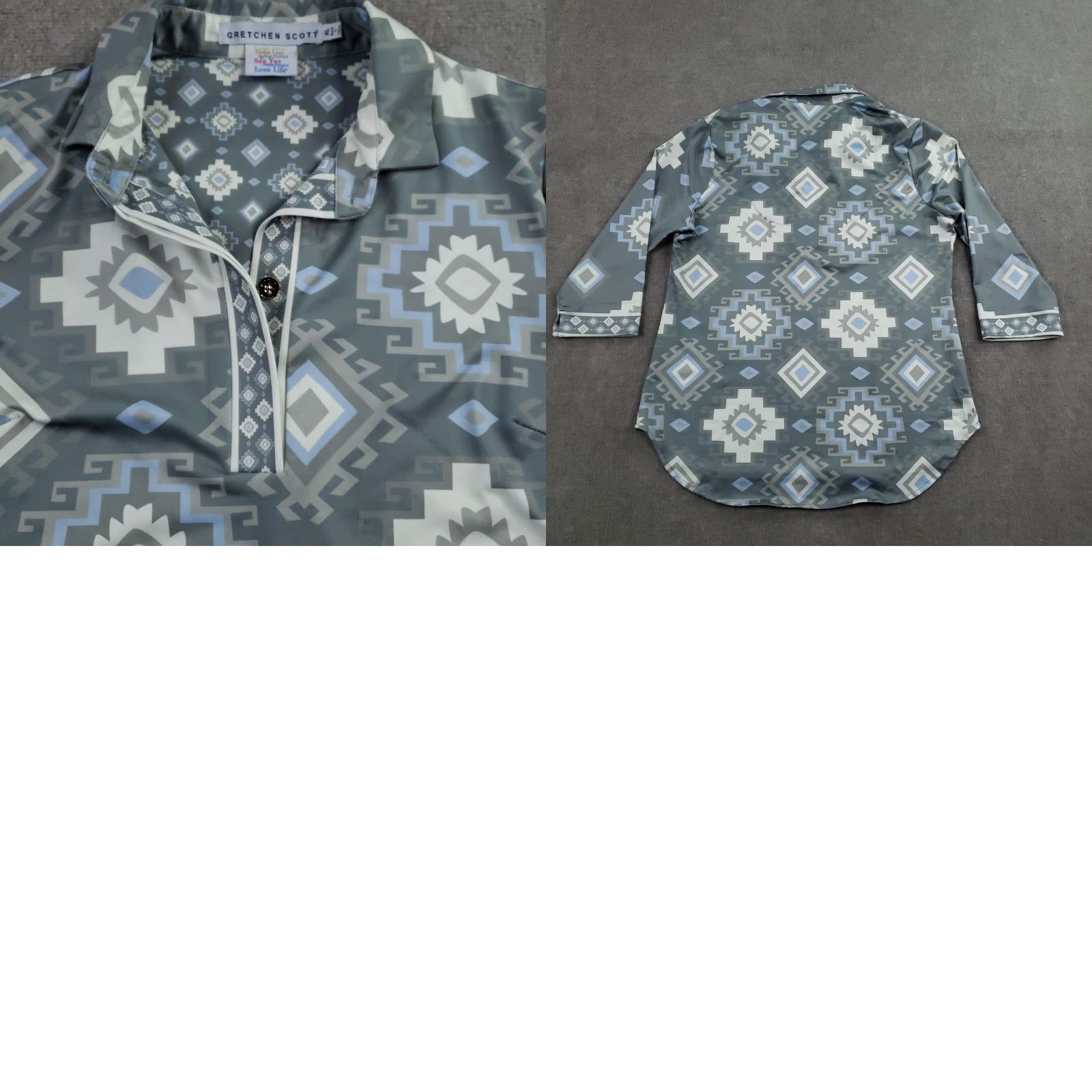 Vintage Gretchen Scott Shirt Women XL Gray Blue Aztec Print Tunic 3/4 Sleeve Top Stretch Blouse Geometric Button Accent Casual Modern Size XL / US 12-14 / IT 48-50 - 8 Thumbnail