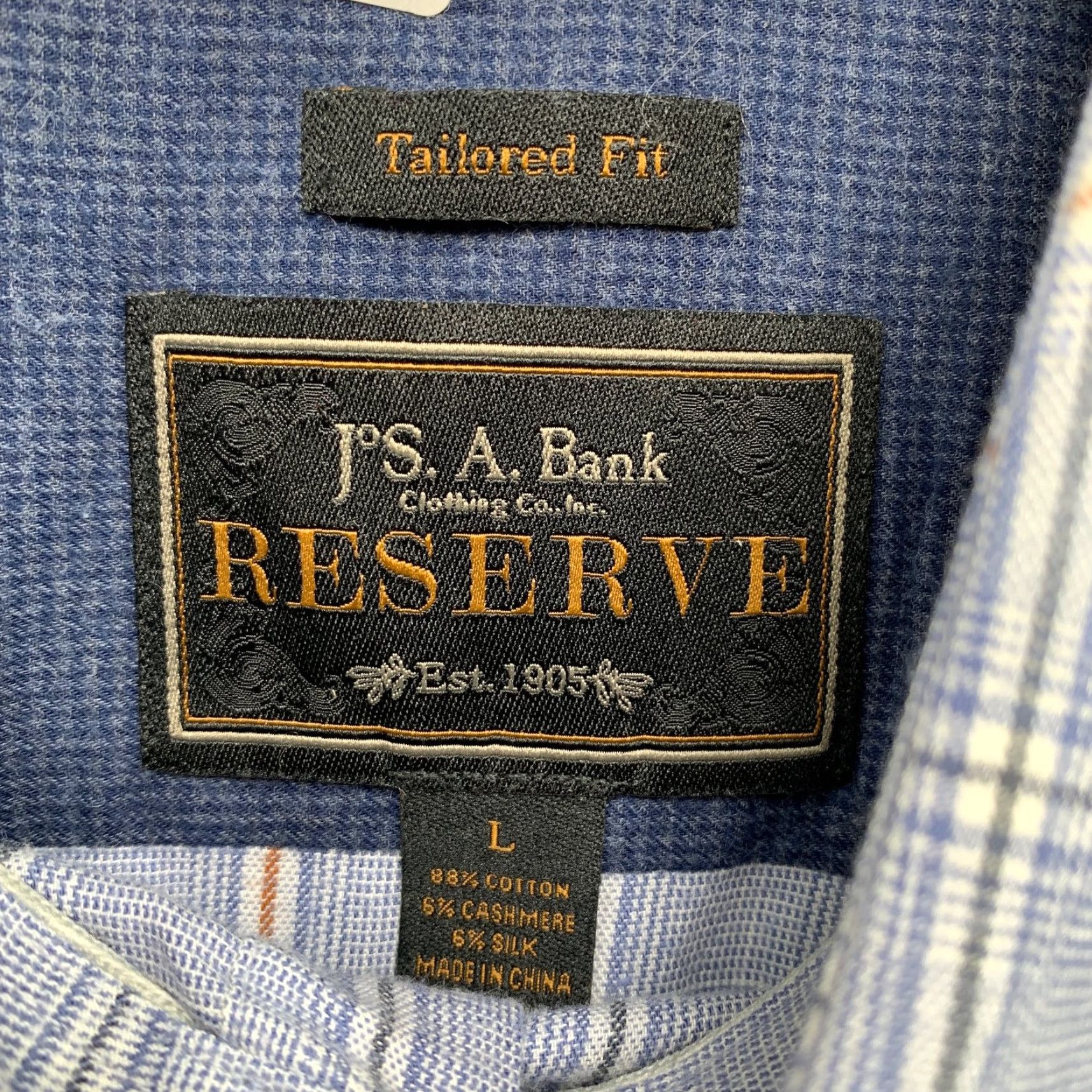 Jos. A. Bank Jos A Bank Button Shirt Mens Large Blue Tailored Fit Plaid Cashmere Silk Blend Size US L / EU 52-54 / 3 - 6 Thumbnail