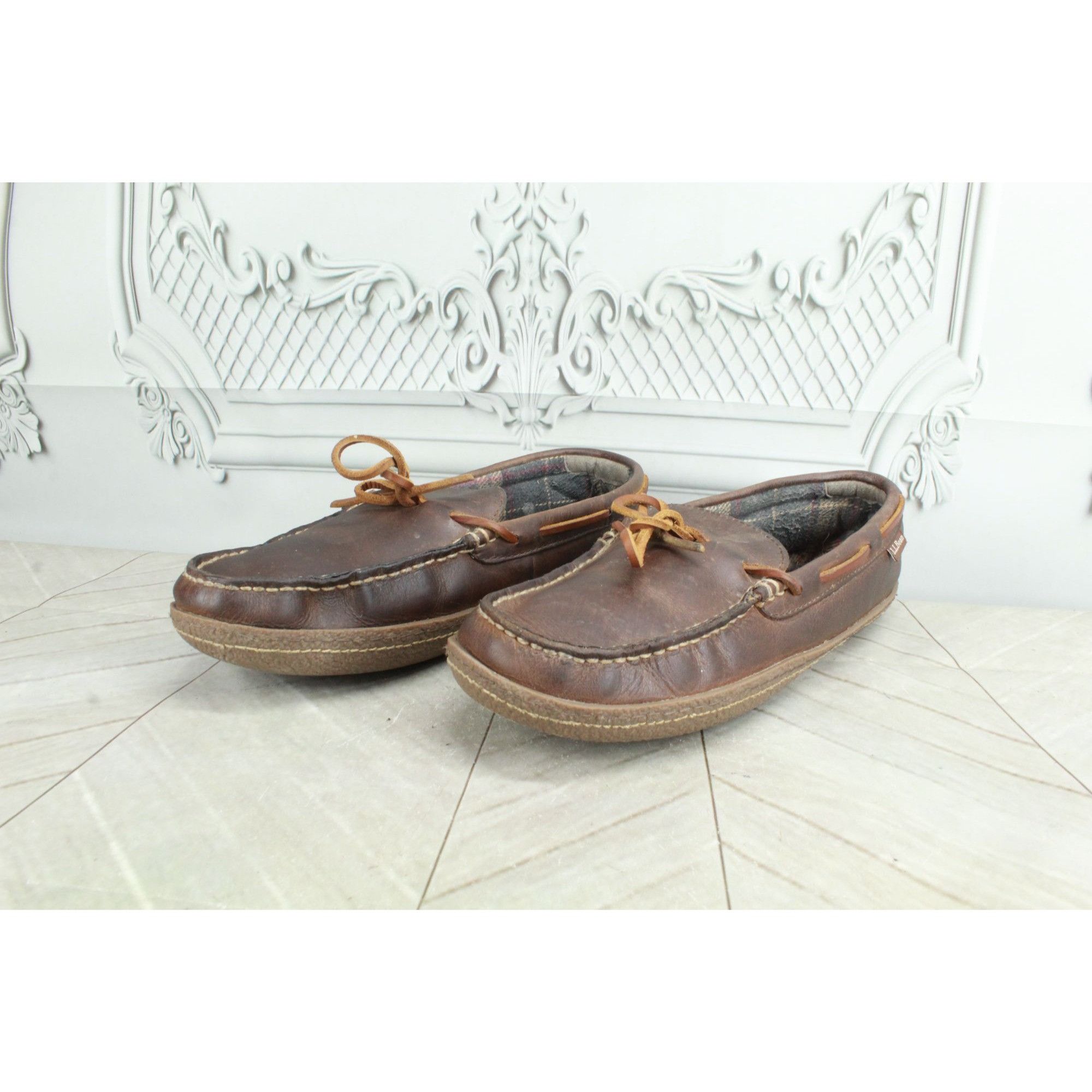 L.L. Bean LL Bean Flannel Lined Handsewn Brown Leather Slippers Size US 10 / EU 43 - 2 Thumbnail