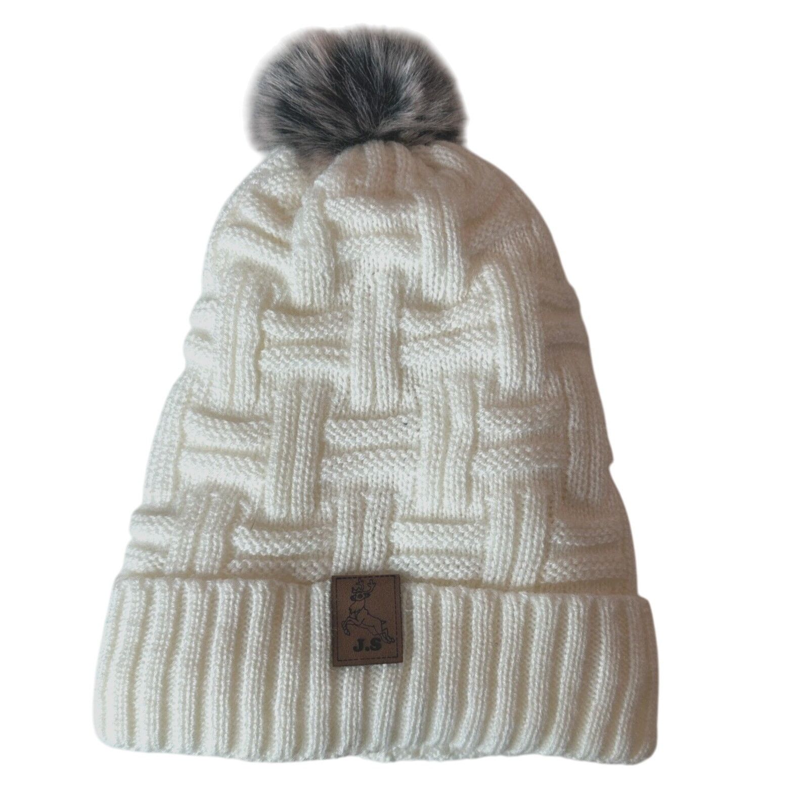 Other J.S Elk Deer Brown Patch Cream Beanie Gray Pom Pom OS Size ONE SIZE - 1 Thumbnail