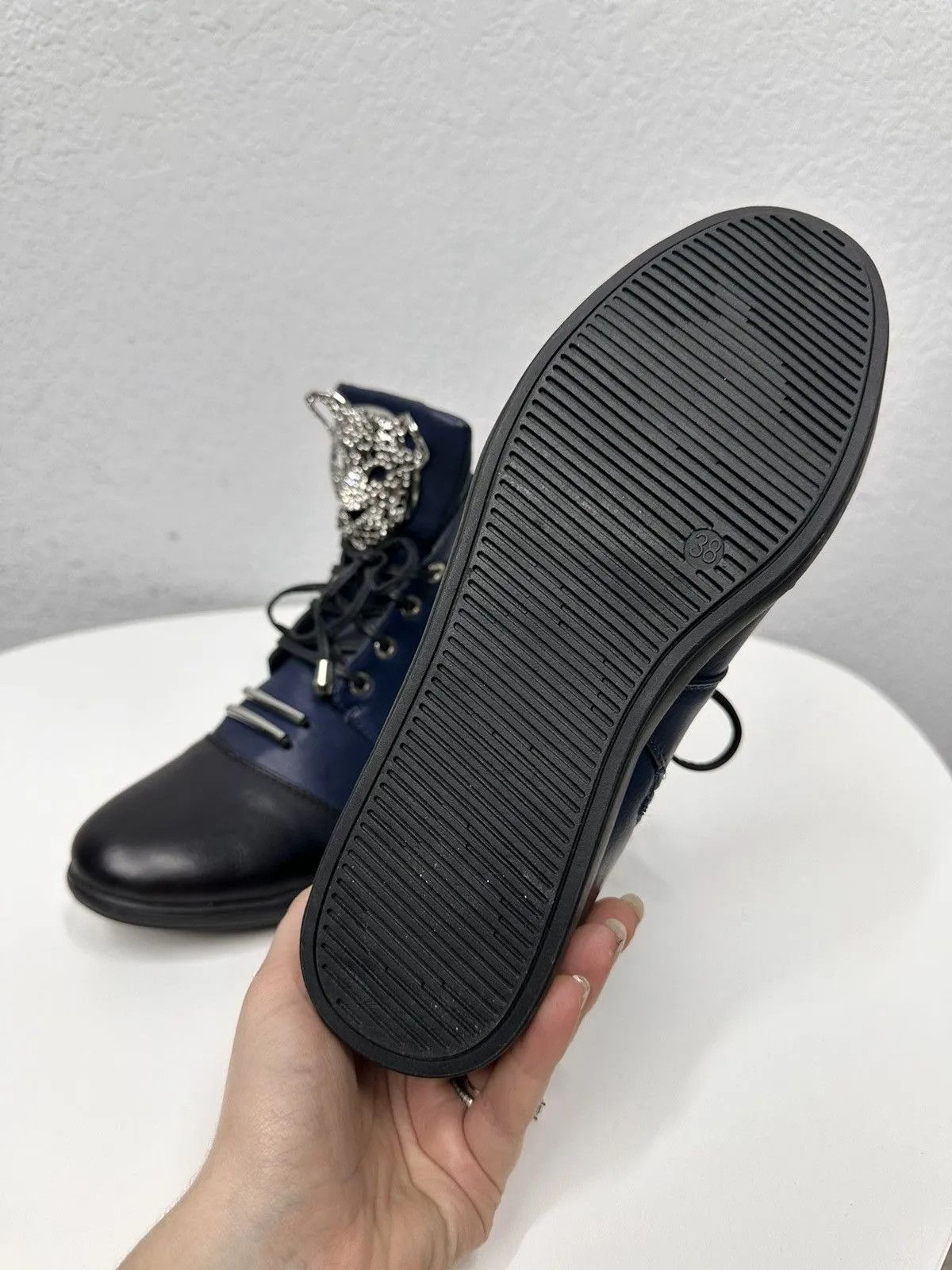 If Six Was Nine Blue leather femme ankle boots big metal panther logo Size US 8 / IT 38 - 12 Thumbnail