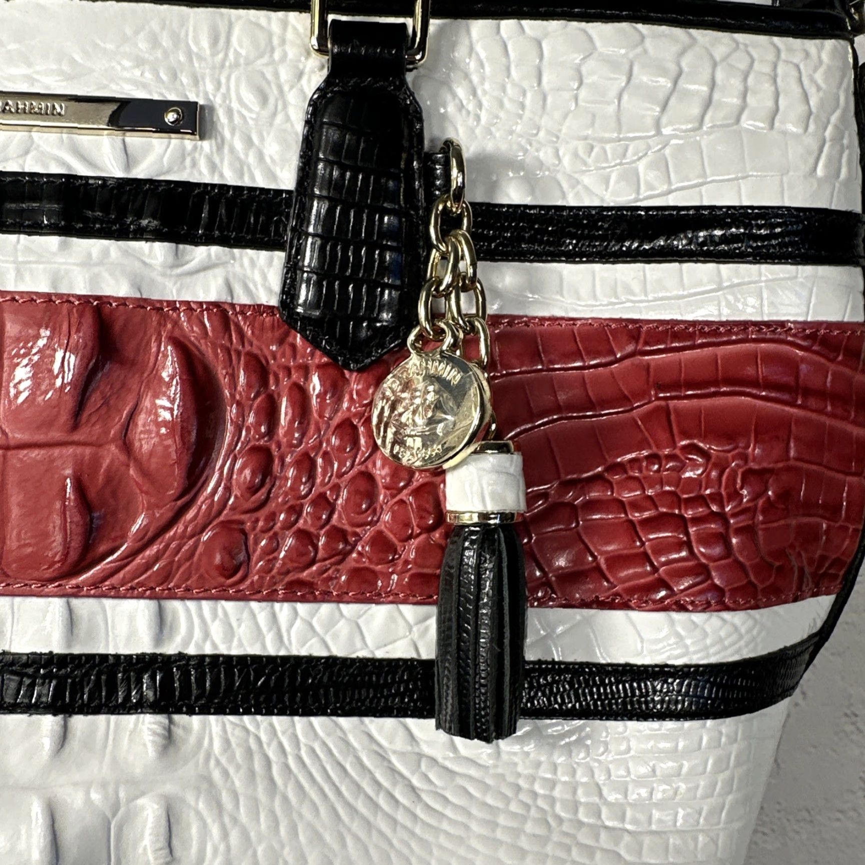BRAHMIN Brahmin Melbourne Collection Mini Asher Croc Embossed Leather Tote Bag Red Shoulder Bag Women Zip Pockets Tassel 22k Gold Beig e Lining Brown/Beige? Size ONE SIZE - 4 Thumbnail