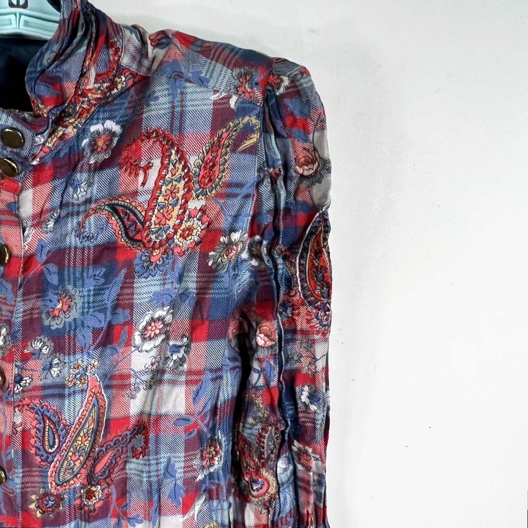 Vintage VINTAGE Cotton Collection Dress Women S Blue Red Paisley Print Midi 1980s Collared Drop Waist Button Long Sleeve Adult Small Clothing Mens/ Womens Size S / US 4 / IT 40 - 2 Thumbnail