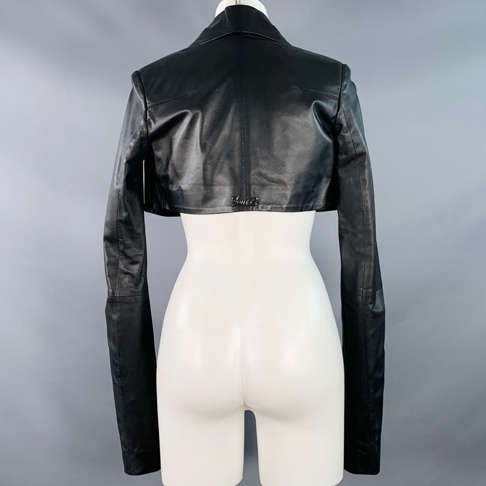 Other Black Leather Cropped Large Lapel Open Front Jacket Blazer Size XS / US 0-2 / IT 36-38 - 4 Thumbnail