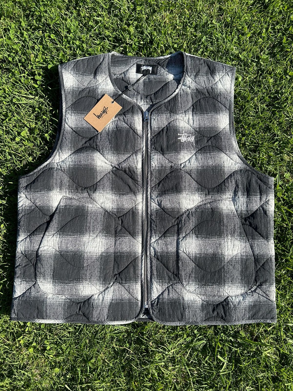 image of Stussy Plaid Nylon Liner Vest, Men's (Size XL)