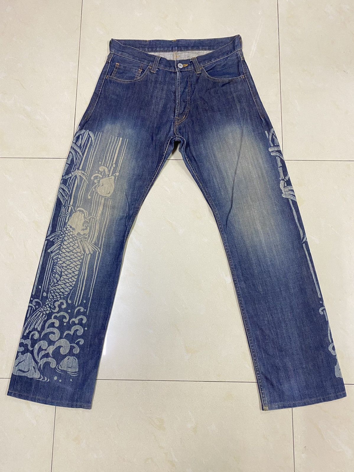 image of Eternal Koi Fish Printed Denim in Blue, Men's (Size 31)