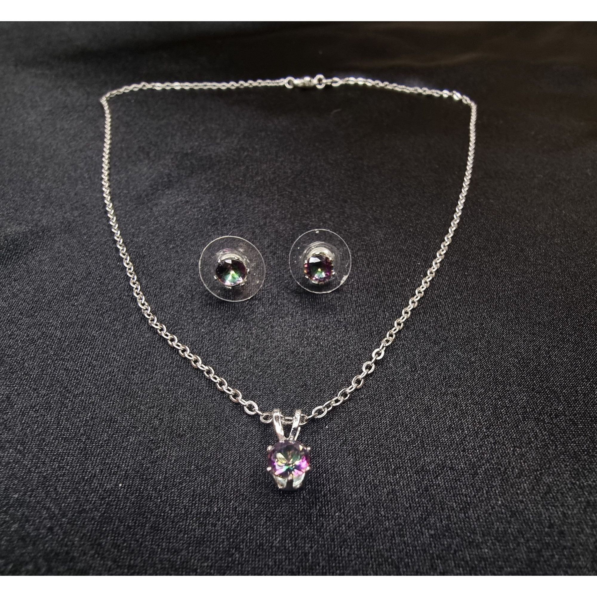 Vintage 925 Sterling Silver Necklace & Stud Earrings Set With Multi- Size ONE SIZE - 2 Thumbnail