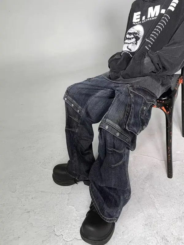 Japanese Brand × Jean Retro Heavy Industry Big Pocket Workwear Wide Leg Jeans Size US 32 / EU 48 - 4 Thumbnail
