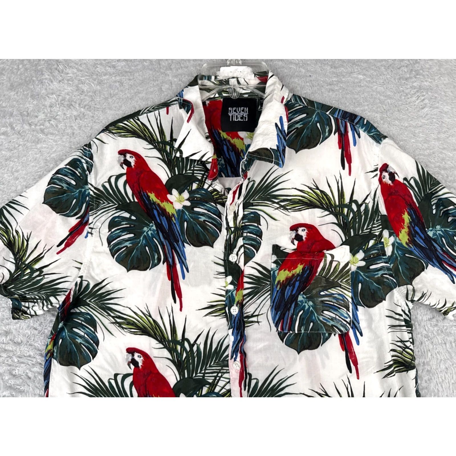 Vintage Seven Tides Shirt Men XL White Macaw Floral 100% Rayon Hawaiian Pocket Size US XL / EU 56 / 4 - 4 Thumbnail