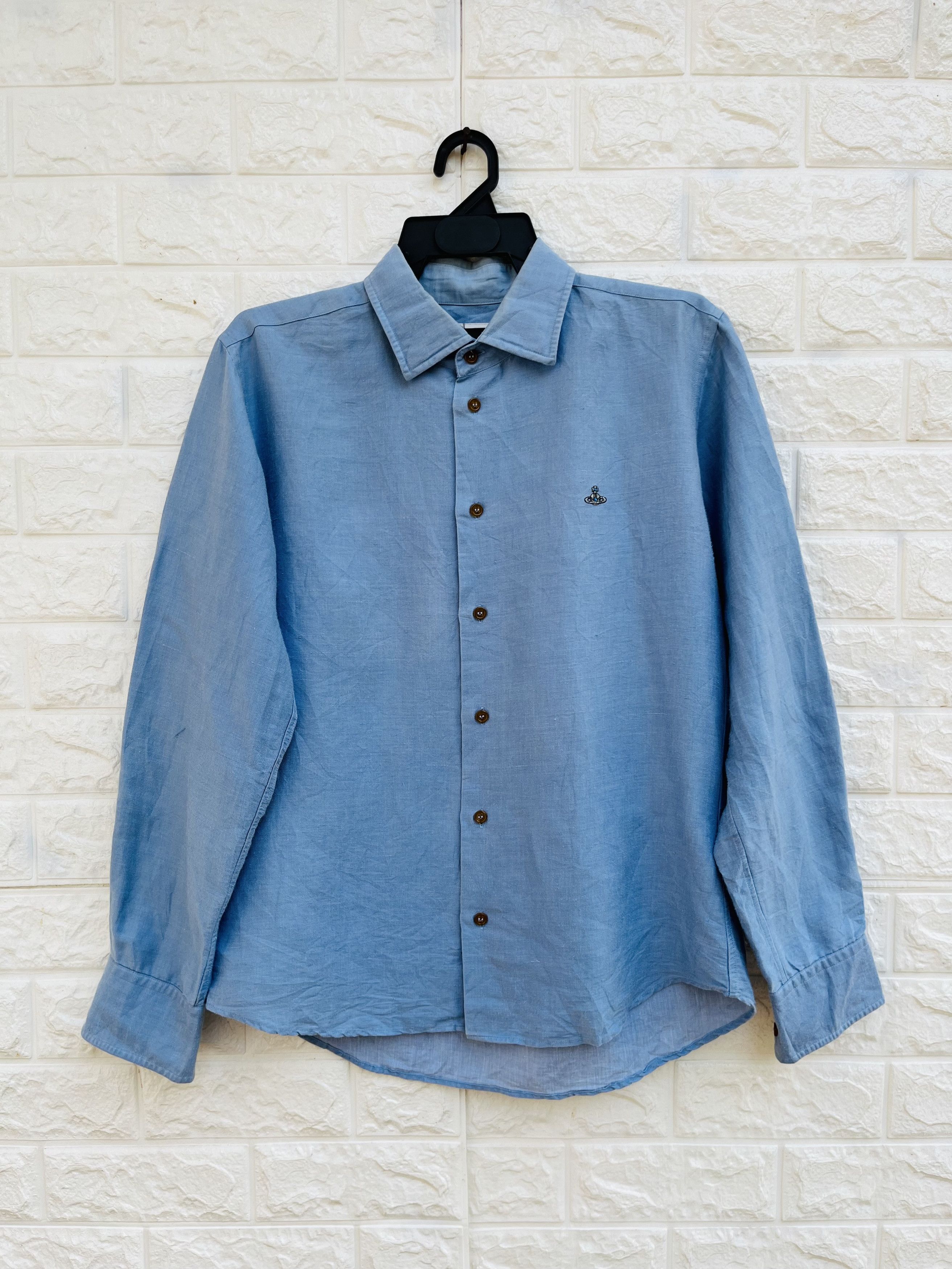 image of Vintage Vivien Westwood Designer Fashion Style Shirt in Sky Blue, Men's (Size Medium)