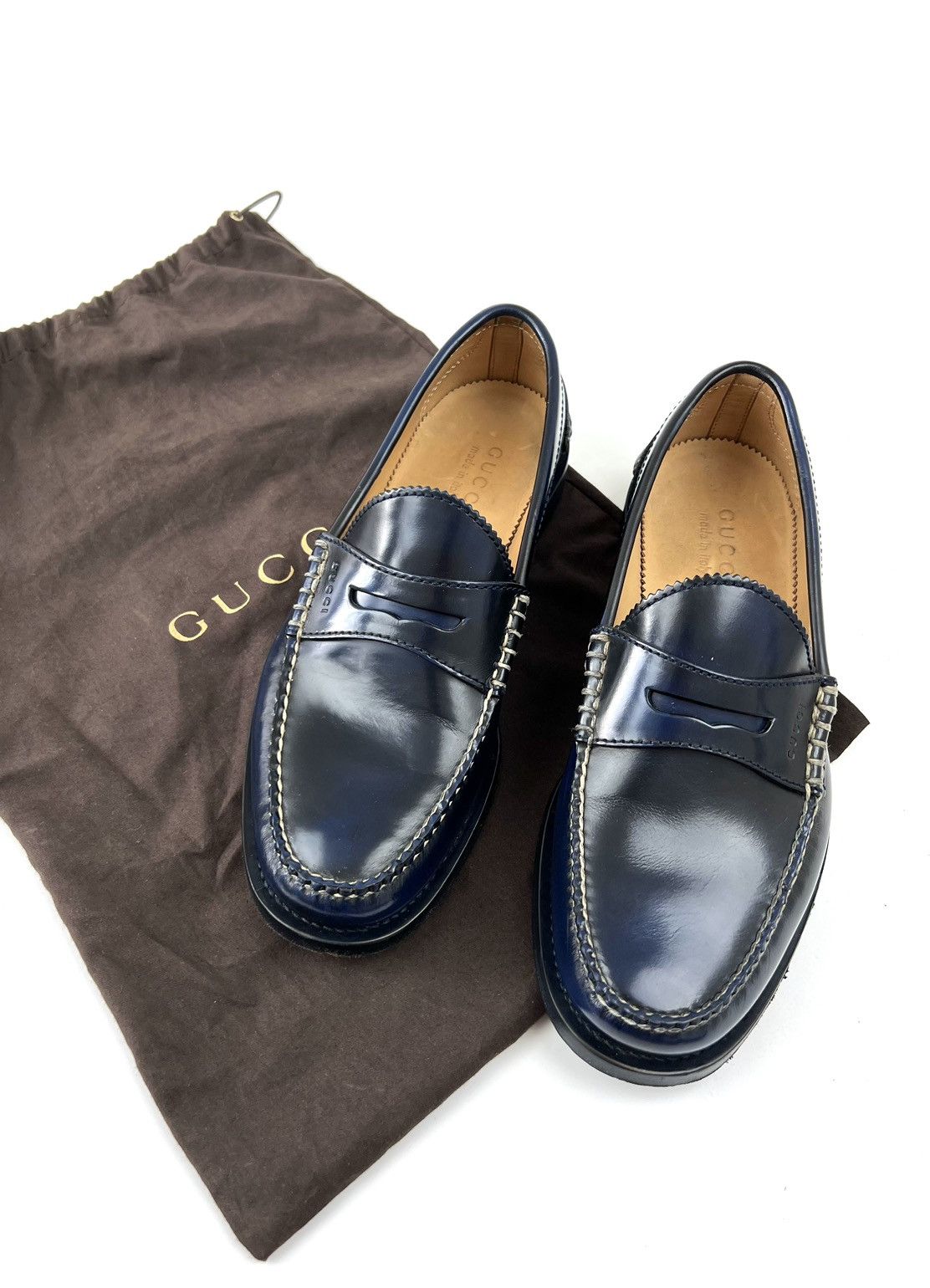 image of Loafers With Polished Leather And Embossed Gucci Logo in Blue/Black, Men's (Size 8)