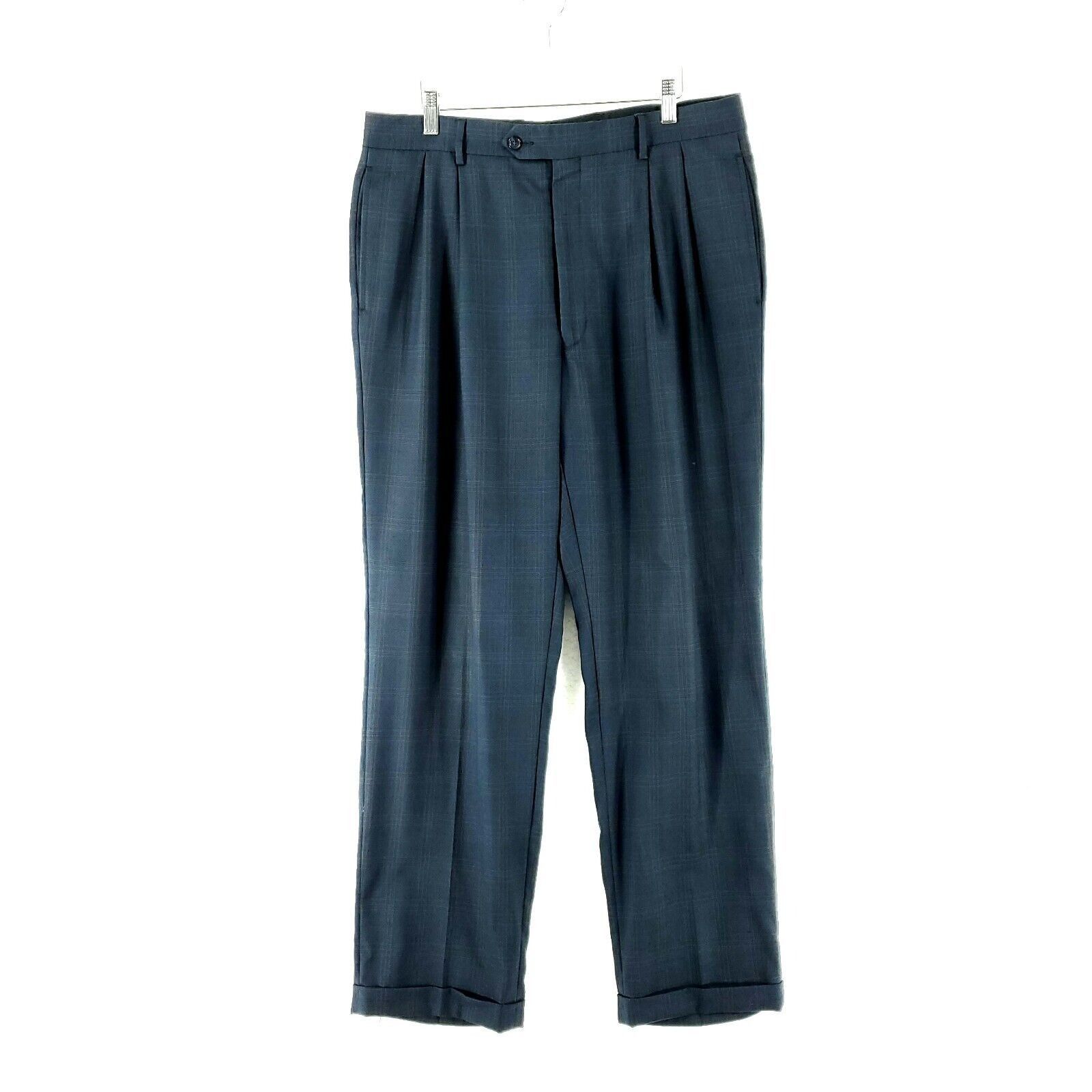Jos. A. Bank Jos A Bank Blue Brown Glen Plaid Pleated Cuffed Dress Pants Size 34R - 1 Thumbnail