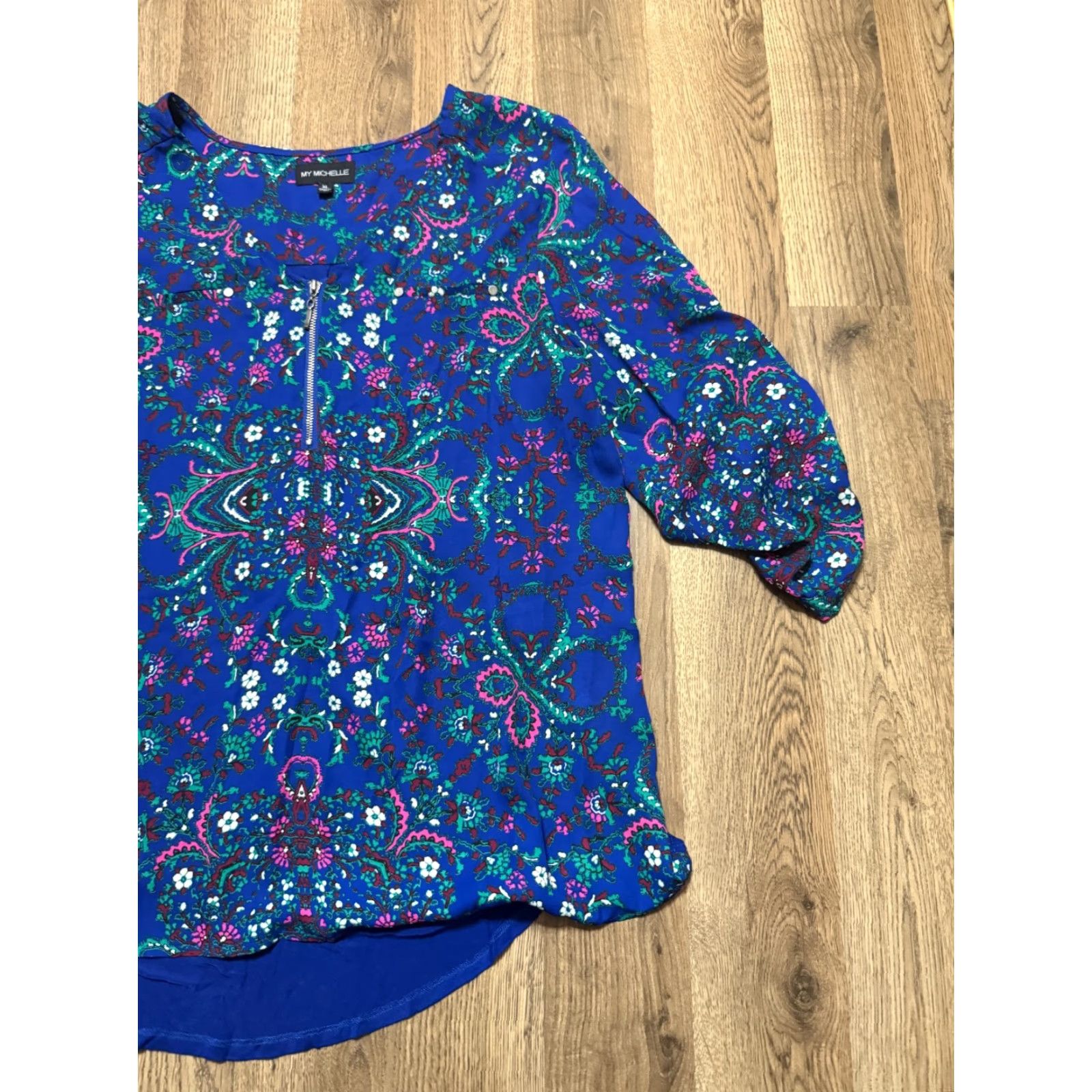 Vintage My Michelle Blouse Women's XL Blue Floral 3/4 Sleeve 1/4 Zipper Shirt Womens XL Blue Floral Modern Casual Size XL / US 12-14 / IT 48-50 - 4 Thumbnail