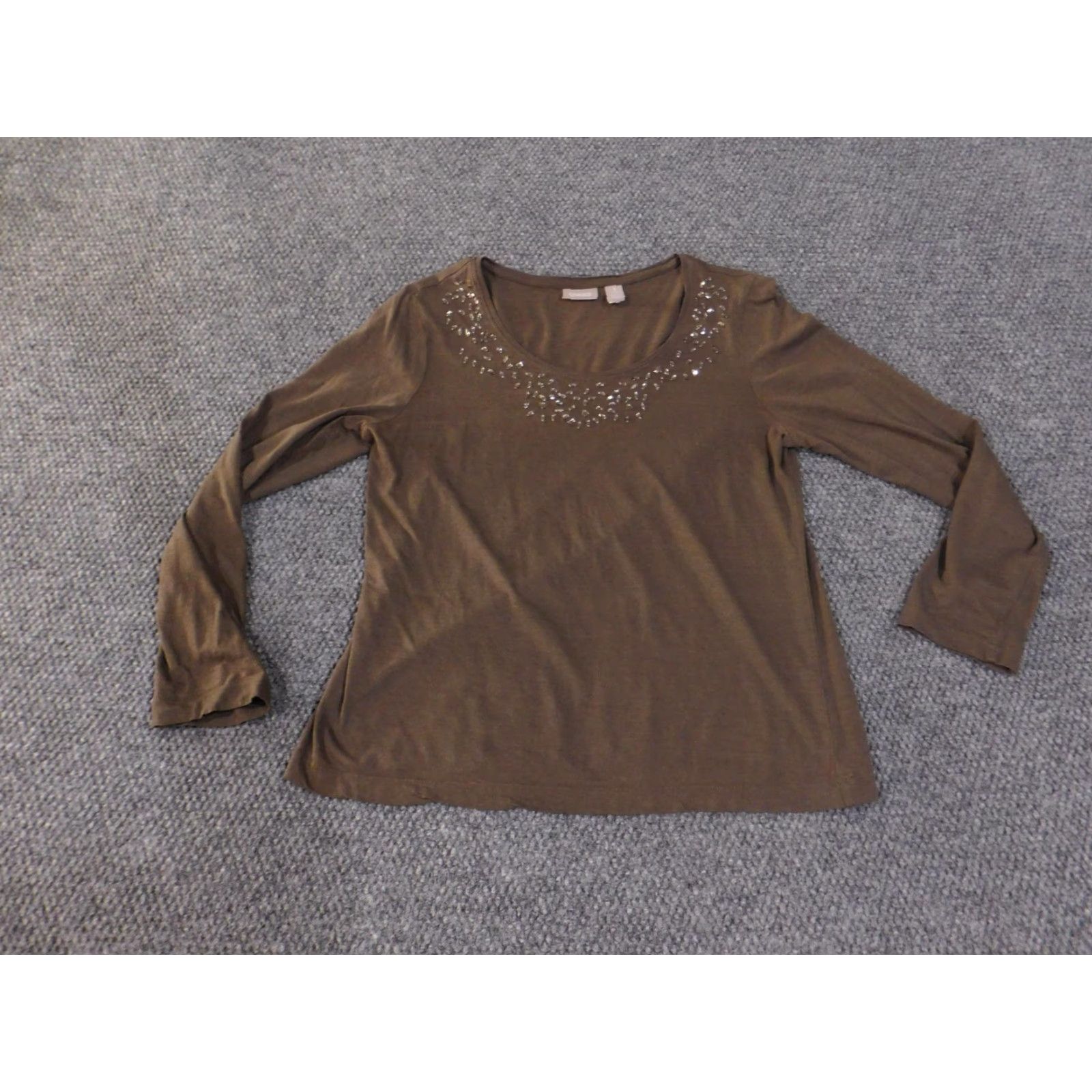 Vintage Chico's Shirt Womens Medium Brown Embellished Scoop Neck Long Sleeve Casual Size M / US 6-8 / IT 42-44 - 2 Thumbnail