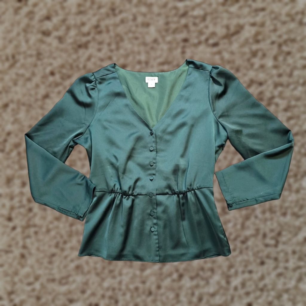 J.Crew J.CREW Blouse Women's Size 4 Green Satin Peplum V-Neck Long Sleeve Holiday Classic Satin Blouse, Green, 4, Regular, Women, J.CREW Size S / US 4 / IT 40 - 1 Thumbnail