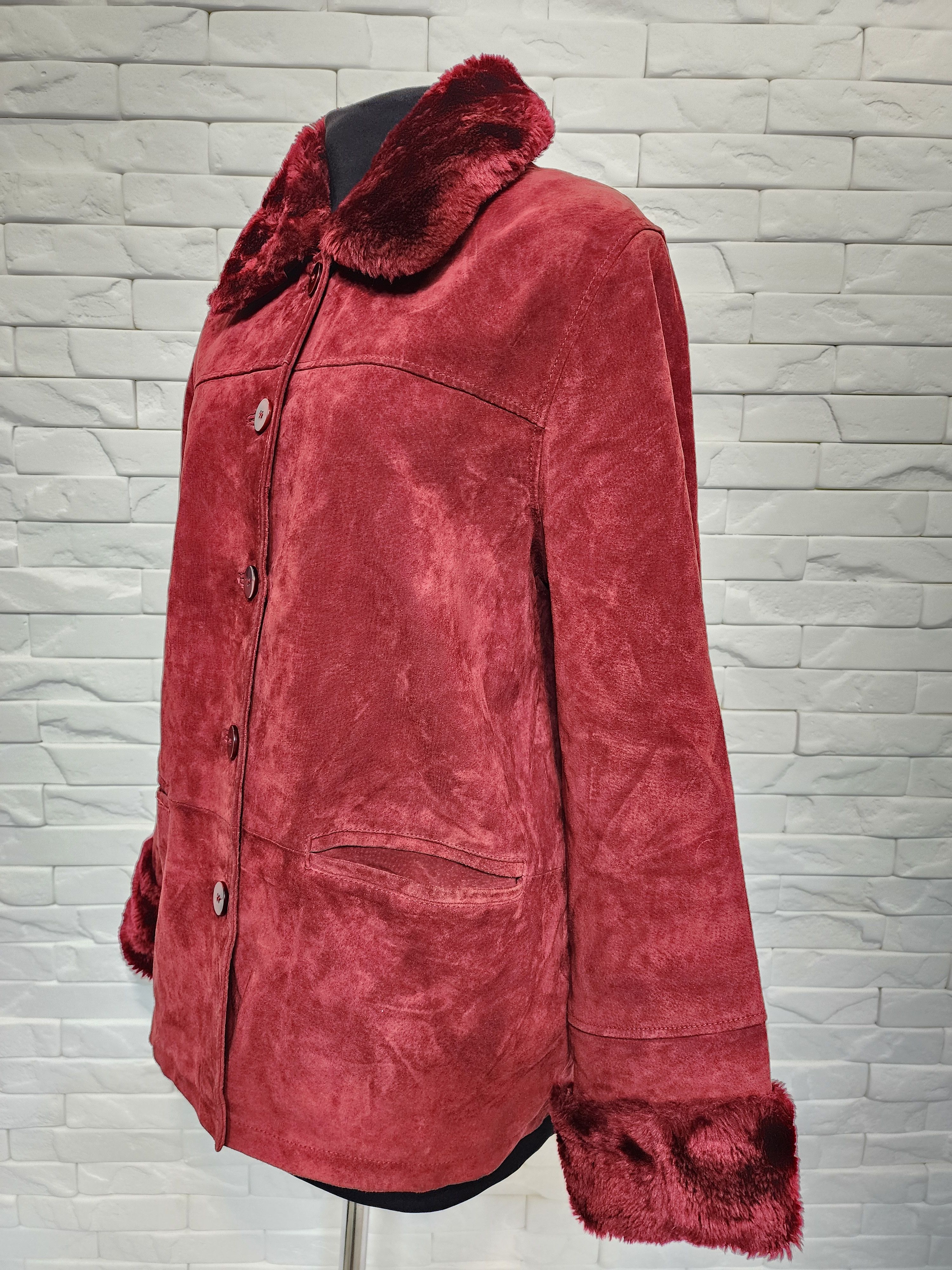 Genuine Leather Red Leather Jacket: Women's Button-Up Genuine Suede Coat Size XL / US 12-14 / IT 48-50 - 3 Thumbnail