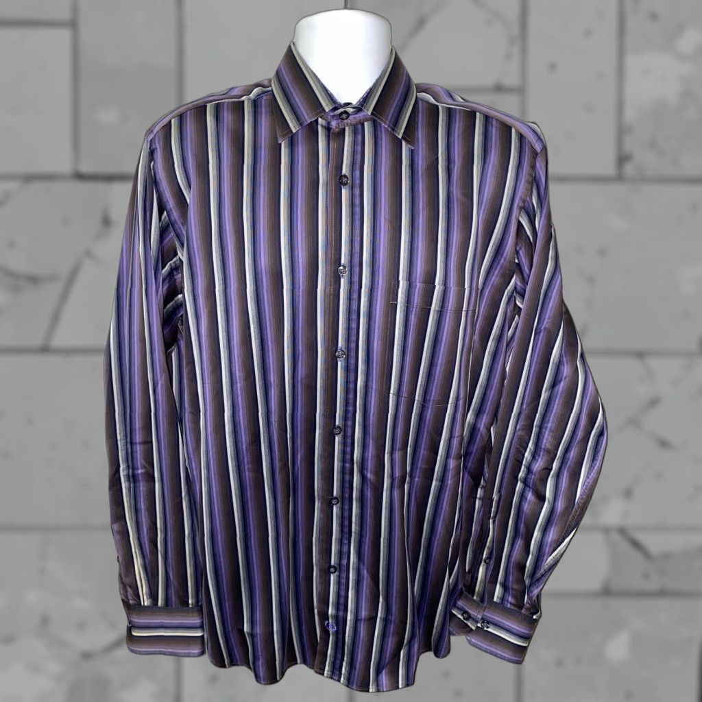 BUGATCHI Bugatchi Uomo Shirt Mens Black/Purple Striped Long Sleeve Button-Up 24 In Armpit L Regular Cotton? Size US L / EU 52-54 / 3 - 1 Thumbnail