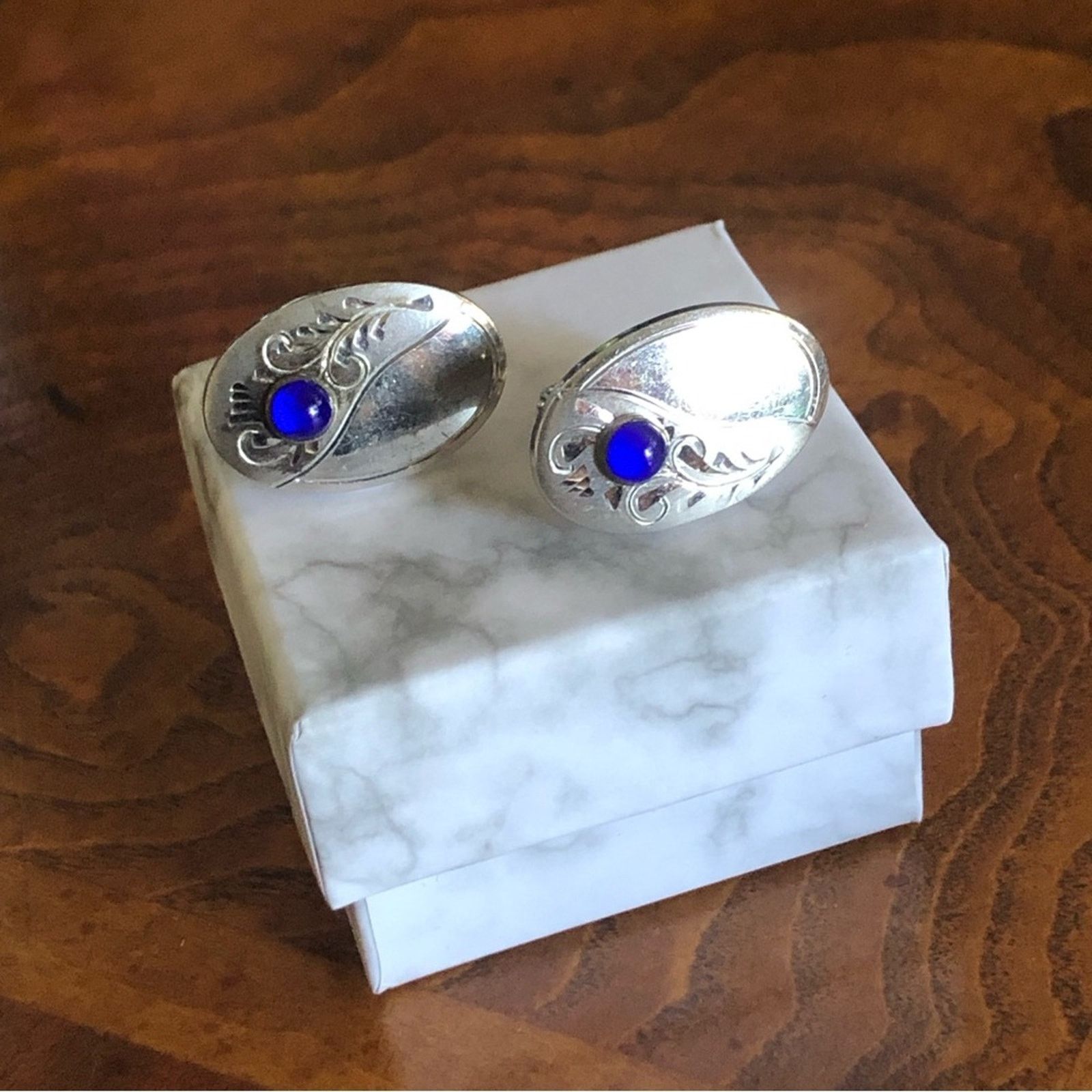 Vintage Vintage Anson royal blue glass etched silver cuff links Size ONE SIZE - 2 Thumbnail