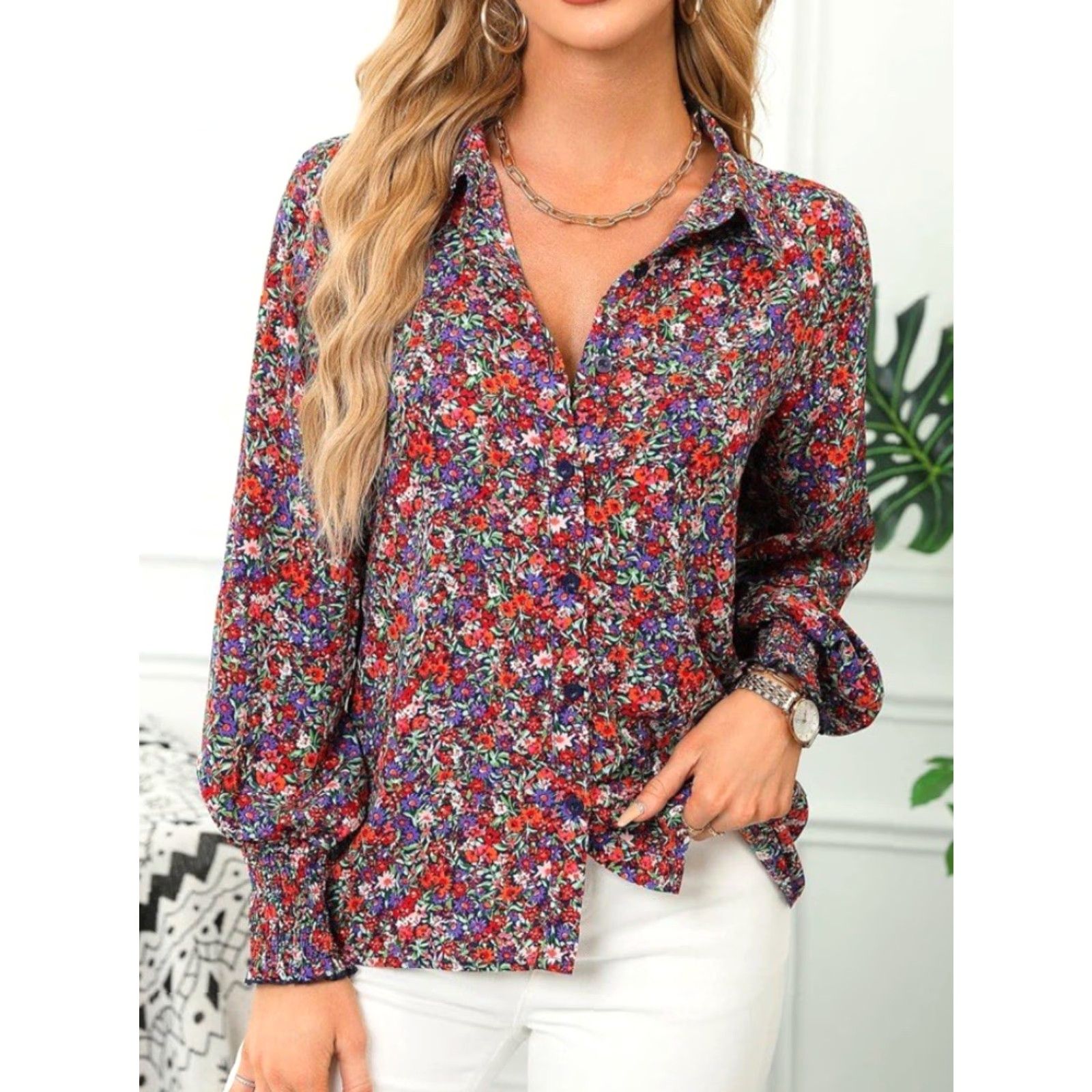 Gloverall NWT Dokotoo Women’s Casual Allover Floral Print Long Sleeve Blouse - Size S - Multicolor - Polyester - Button - V-Neck - Shirt - Womens Size S / US 4 / IT 40 - 4 Thumbnail
