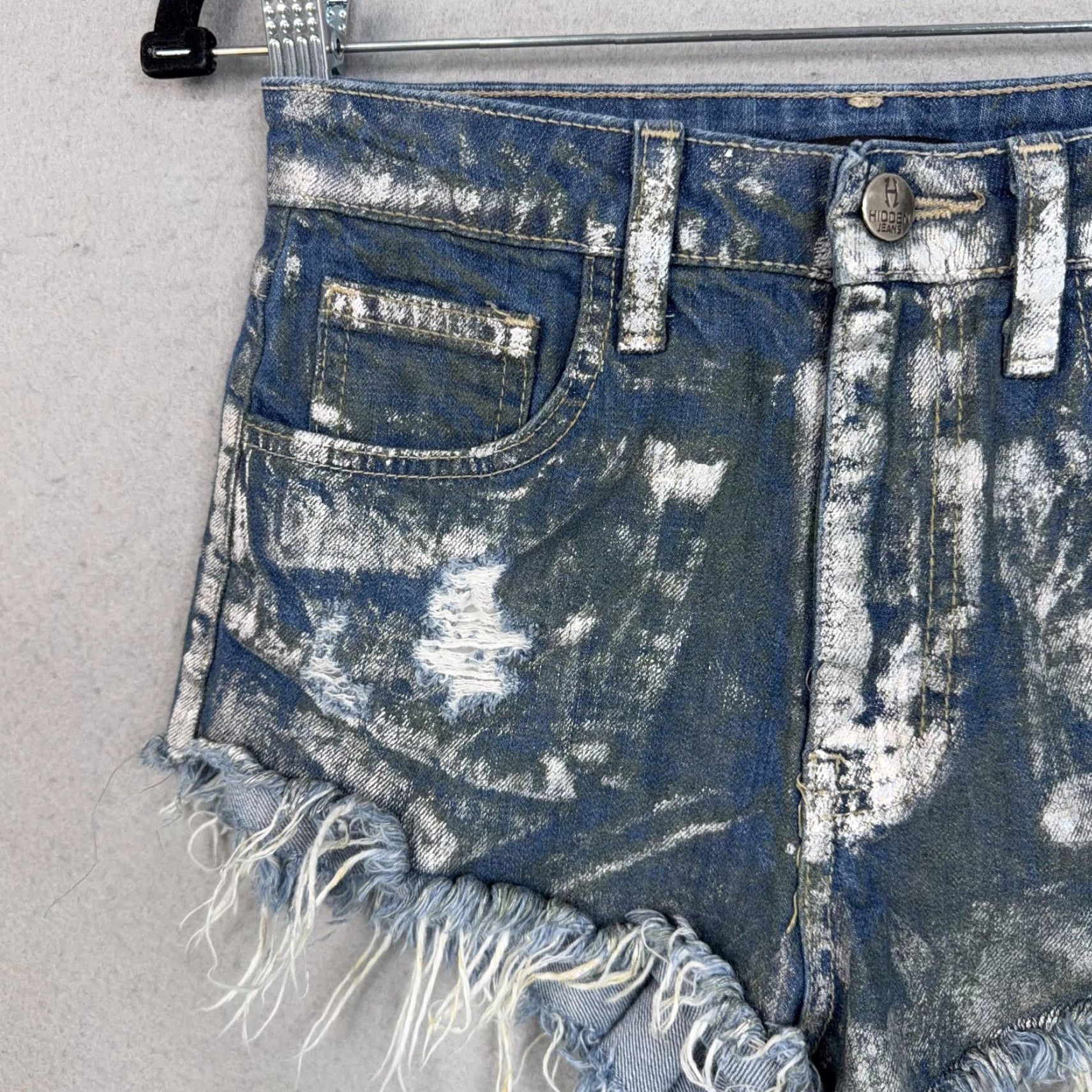 Vintage Hidden Jeans Shorts Womens Small Blue Metallic Distressed Cutoff Frayed Made USA - Slim Denim 5-Pocket Design Casual Summer Adults Womens Size 28" / US 6 / IT 42 - 2 Thumbnail