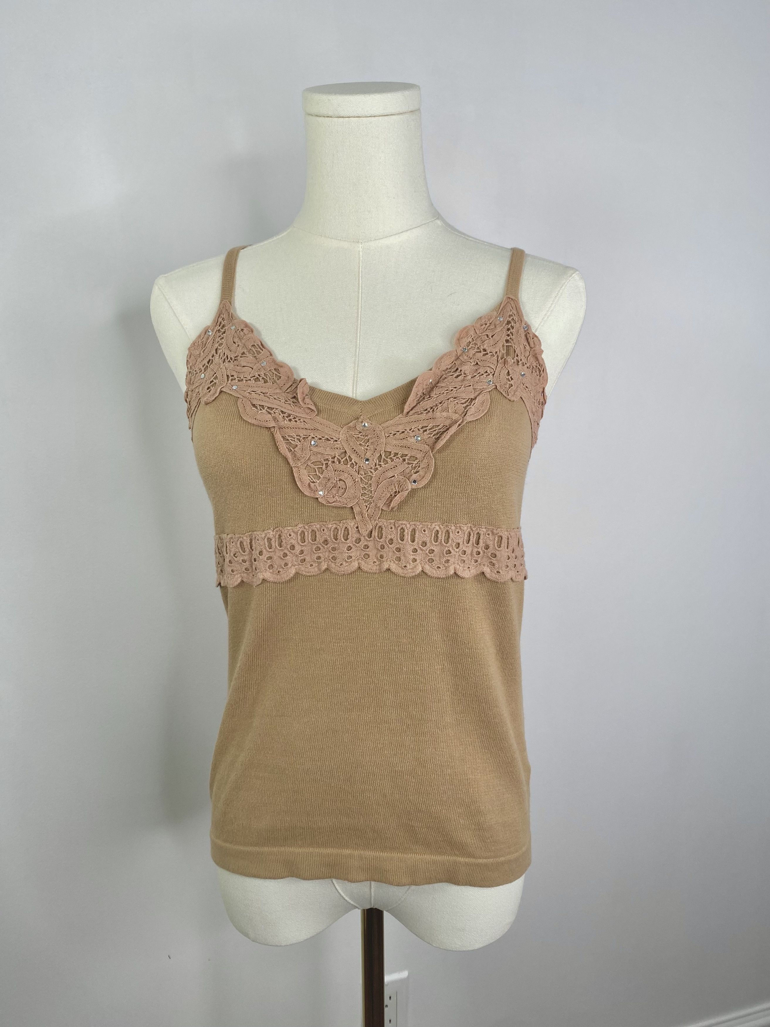 Vintage Sandra Angelozzi - Beige Cotton Floral Lace Tank Top Size M / US 6-8 / IT 42-44 - 2 Thumbnail
