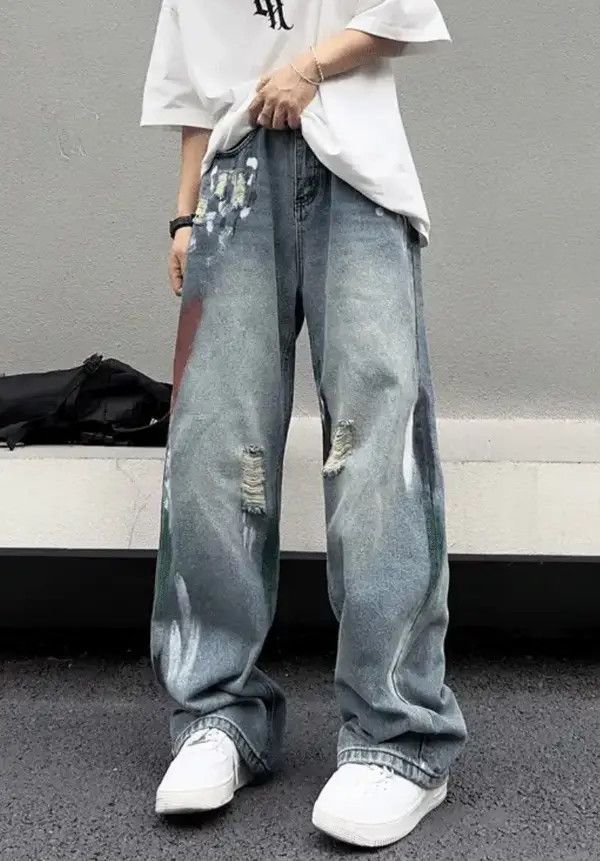 Japanese Brand Stylish Splash Ink Blue Distressed Baggy Jeans Size US 27 - 1 Thumbnail