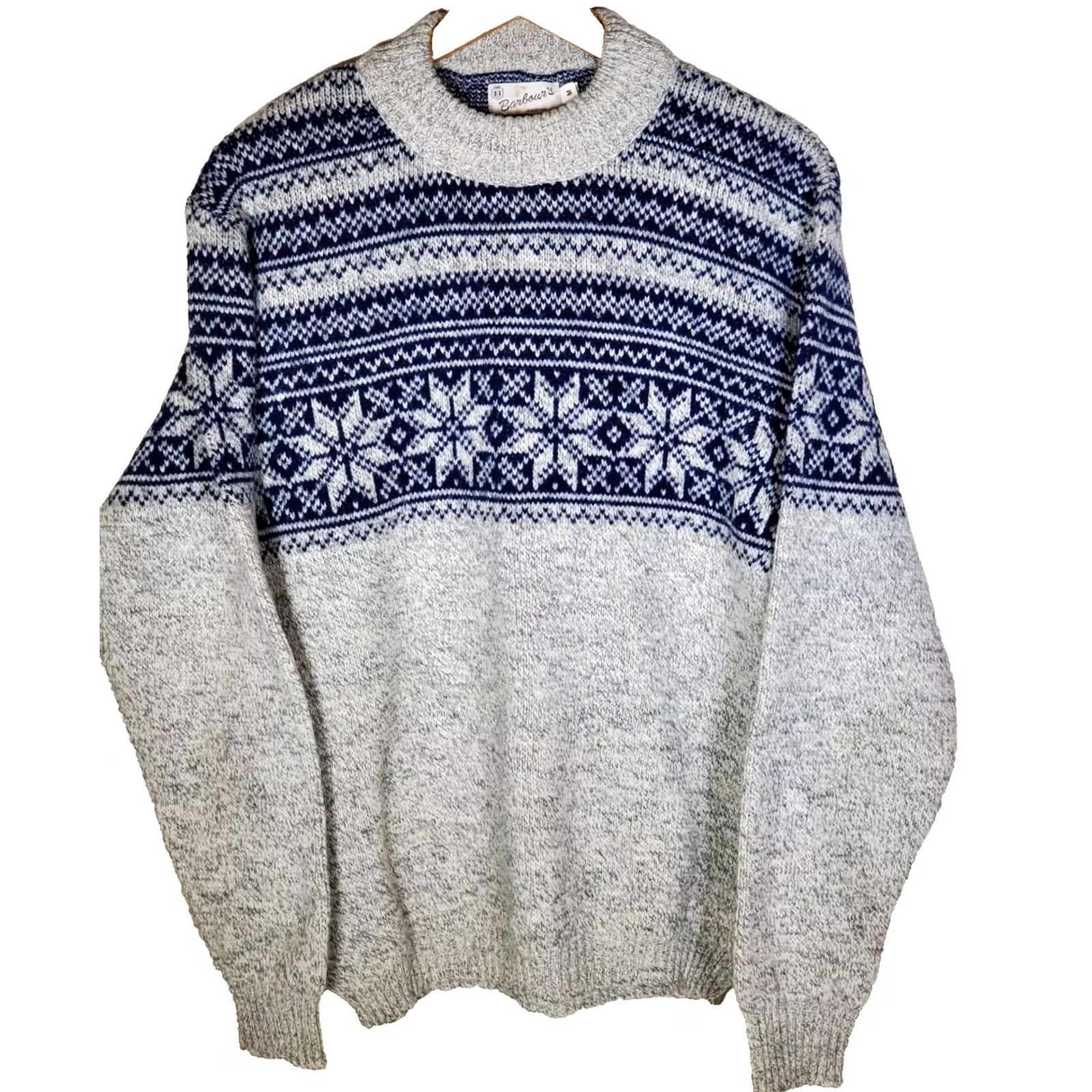 Barbour VTG Barbour's Canton NY Heavyweight Crew Neck Sweater Heather Gray Navy Men's M Boardroom Casual Christmas 70s 80s Cable Knit Pullover Size US M / EU 48-50 / 2 - 2 Thumbnail