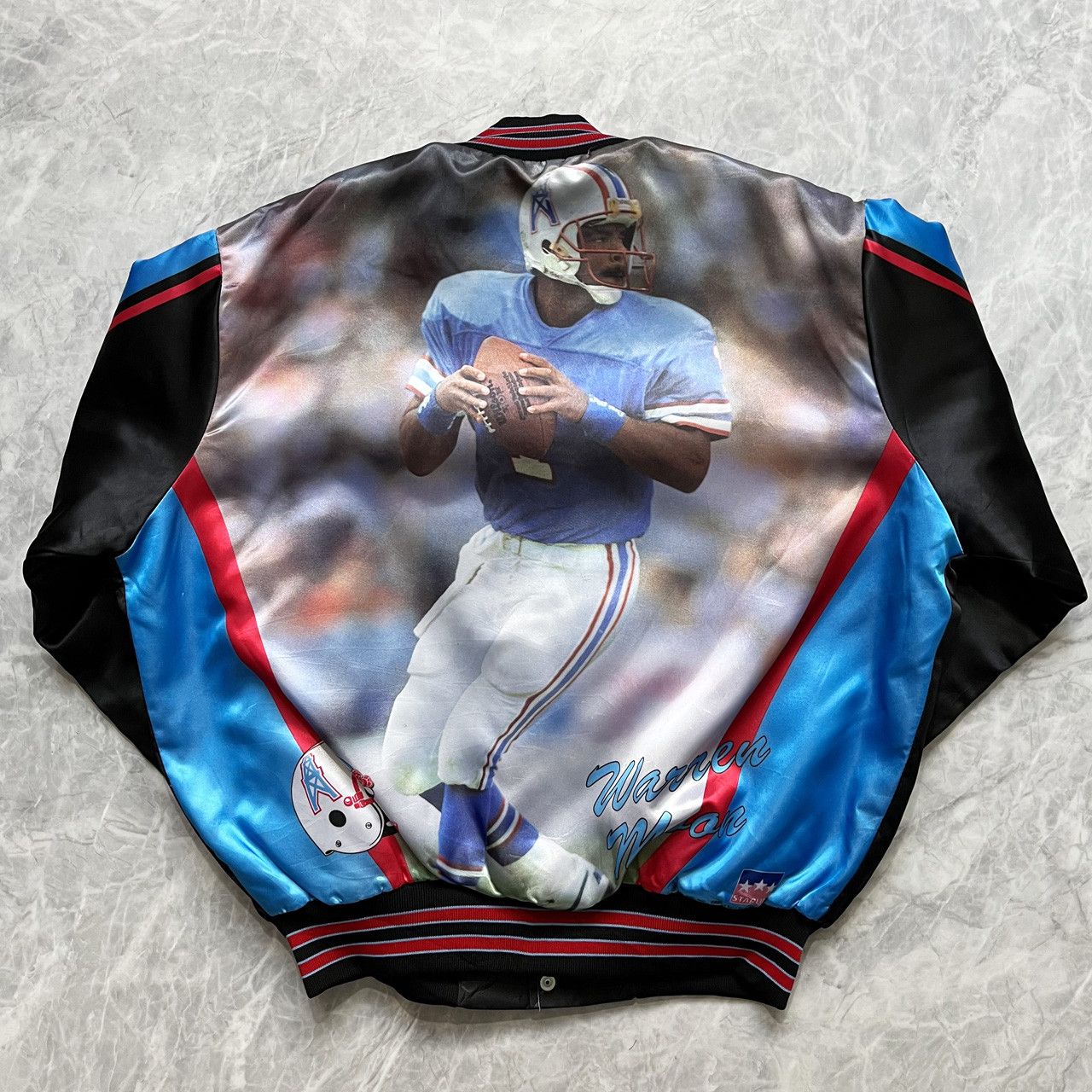 image of Made In USA x Nfl Houston Oilers Warren Moon Starline Fanimation Satin Jacket, Men's (Size Large)