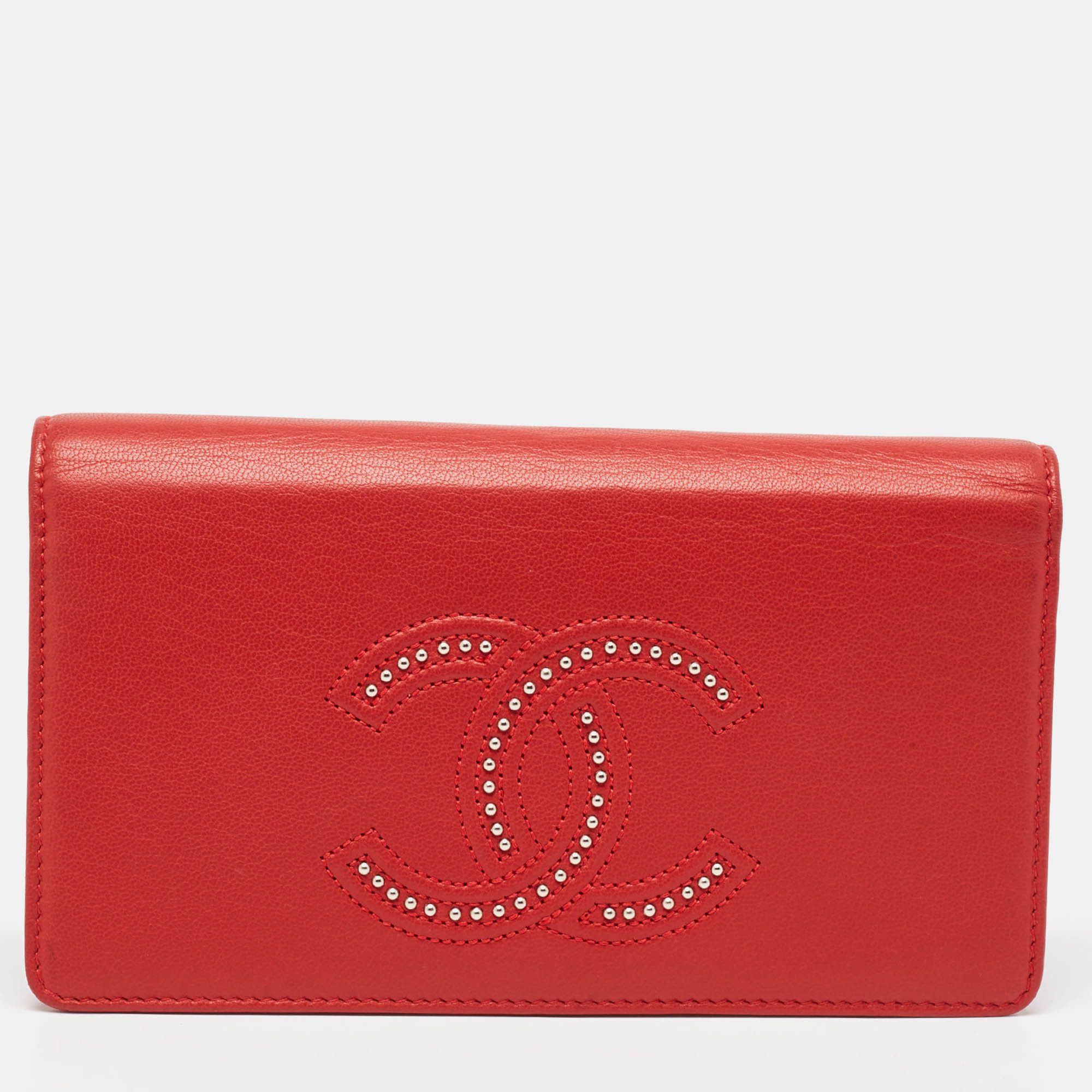image of Chanel Red Leather Studded Cc L Yen Wallet, Women's